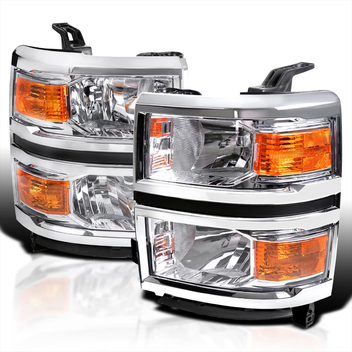 Spec-D Tuning Chrome Headlights with Chrome Trim for 2014-2015 Chevy Silverado 1500 - Left & Right Pair Headlight Assembly - Upgrade Your Truck's Style & Night Visibility