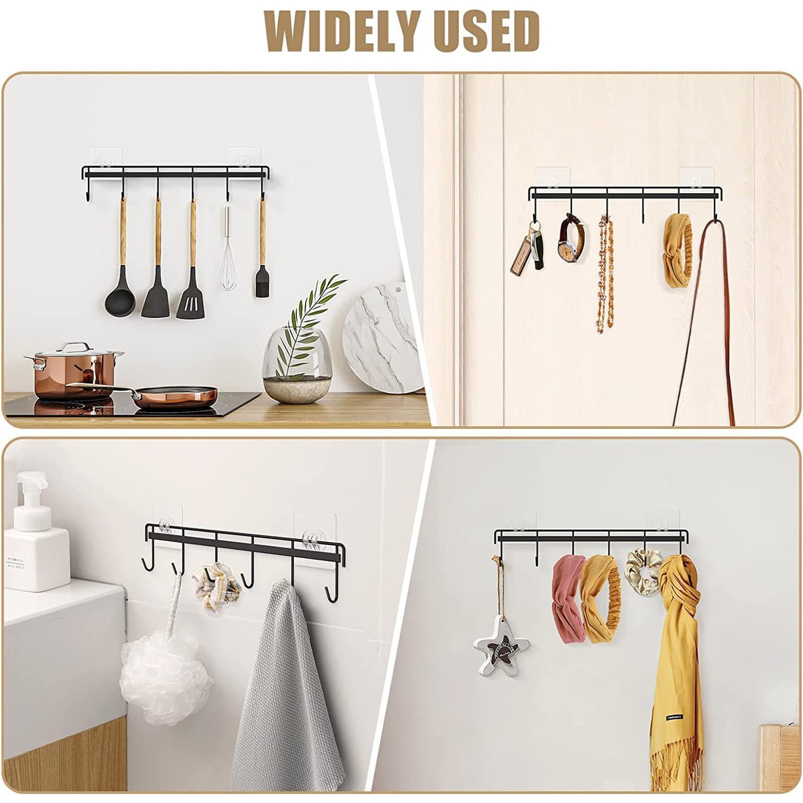 Strong Adhesive Wall Hooks Rack - No Drill Kitchen Utensil Holder with 6 Hooks - Space Saving Wall Mounted Organizer for Spoons, Knives, Towels - Perfect for Small Kitchens, Dorms, RVs & Bathrooms