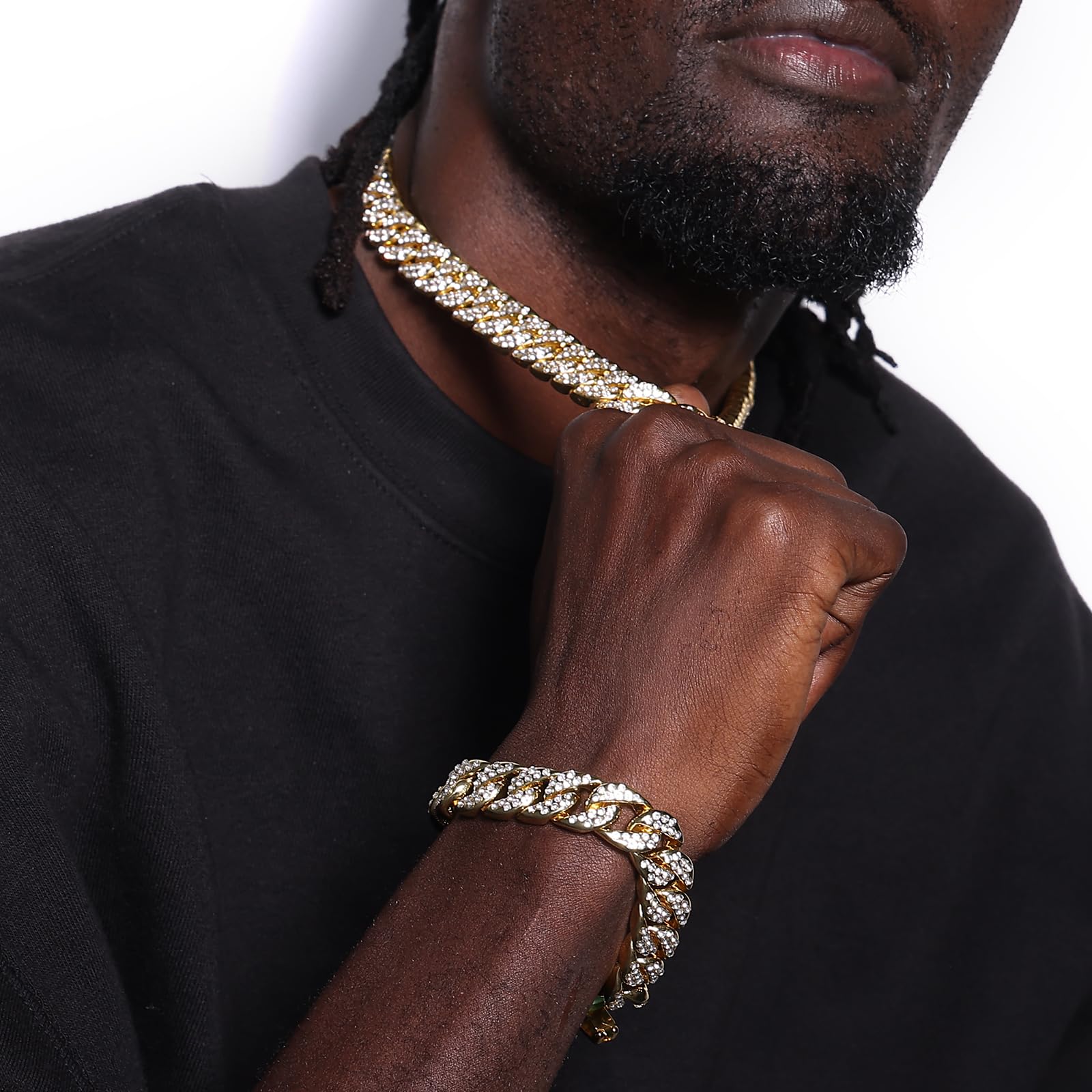 Saintda Cuban Link Chain & Bracelet Set for Men & Women | Iced Out Diamond Hip Hop Jewelry | Gift for Boys, Rappers & Fashion Lovers | Perfect for Parties, Concerts & Streetwear Outfits