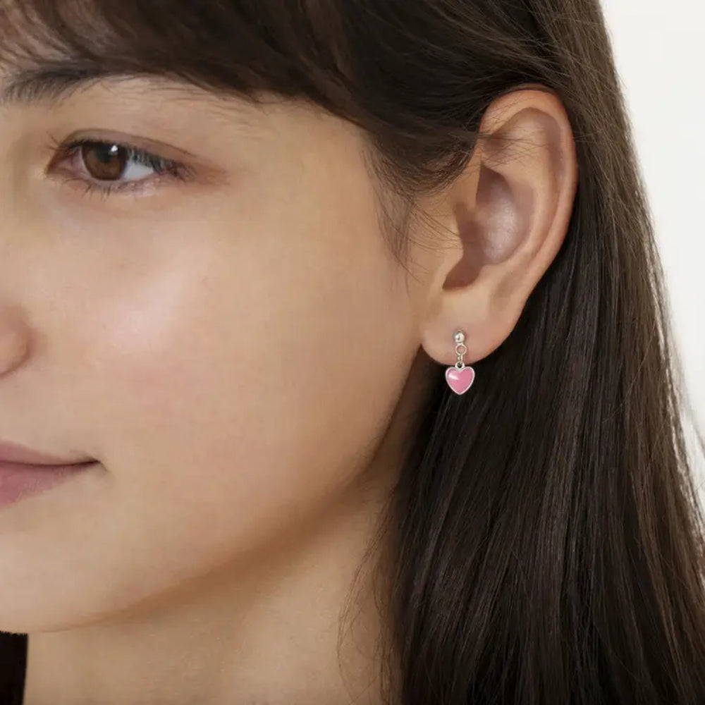 Sterling Silver & Pink Enamel Heart Dangle Screwback Earrings for Kids | Girls' Valentine's Day Gift | Birthday Present | First Communion Jewelry