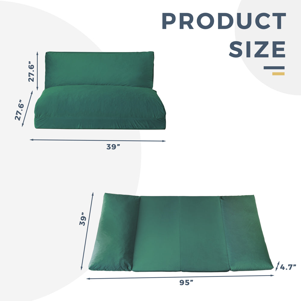 MAXYOYO Velvet Bean Bag Folding Sofa Bed - Washable Cover for Adults, Green | Portable Floor Lounger for Living Room, Bedroom & Dorm
