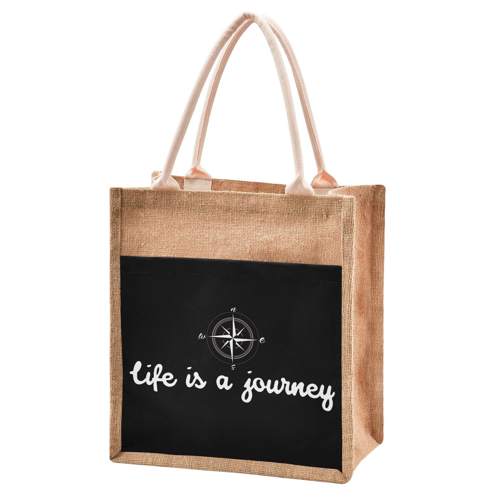 Linqin Life Is A Journey Jute Tote Bag - Waterproof Burlap Straw Grocery Shopping Bag for Women, Eco-Friendly Reusable Beach Tote - Perfect for Travel, Market, Picnic & Daily Use