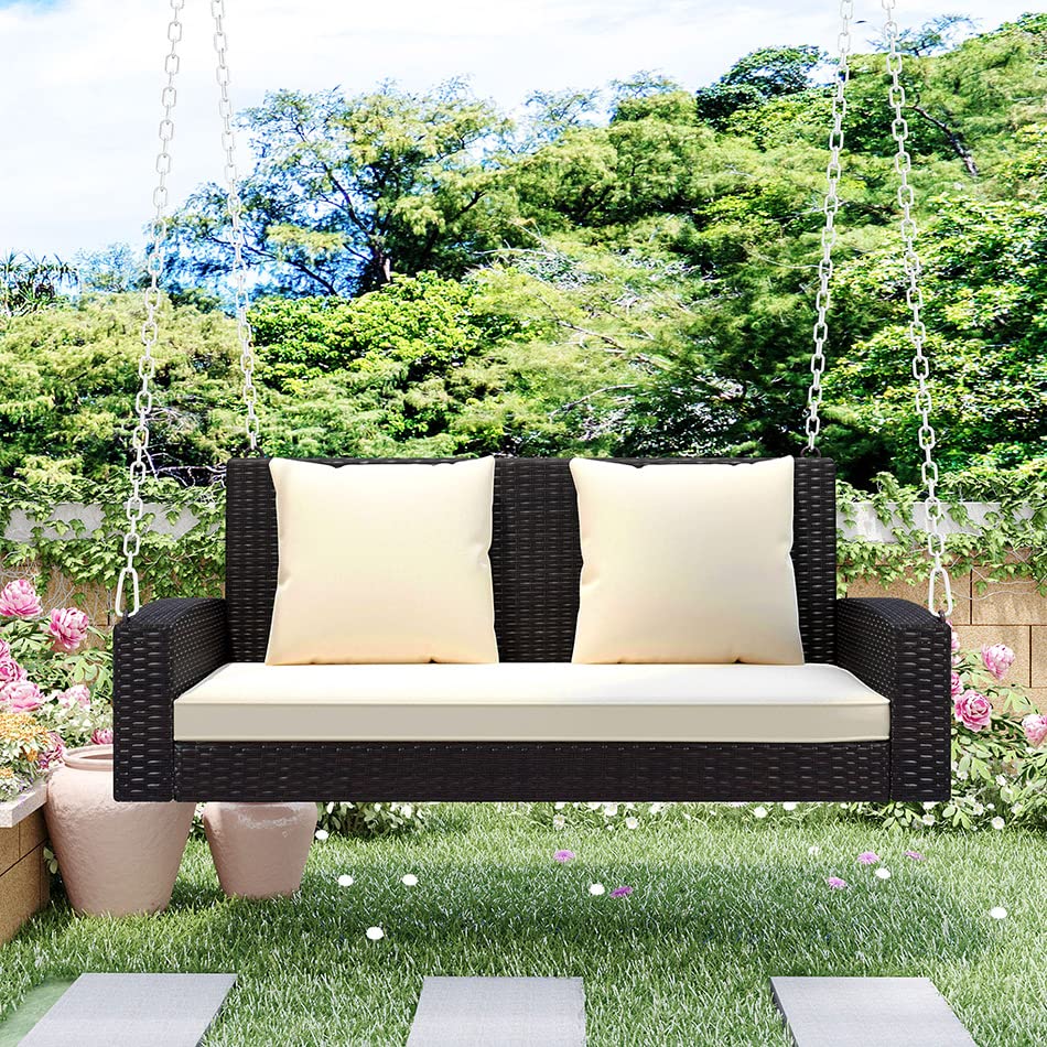 2-Person Wicker Hanging Porch Swing with Cushion - Outdoor Rattan Swing Bench for Garden, Backyard, Pond - Brown Wicker & Beige Pillows - Perfect for Relaxing, Reading, or Enjoying Nature