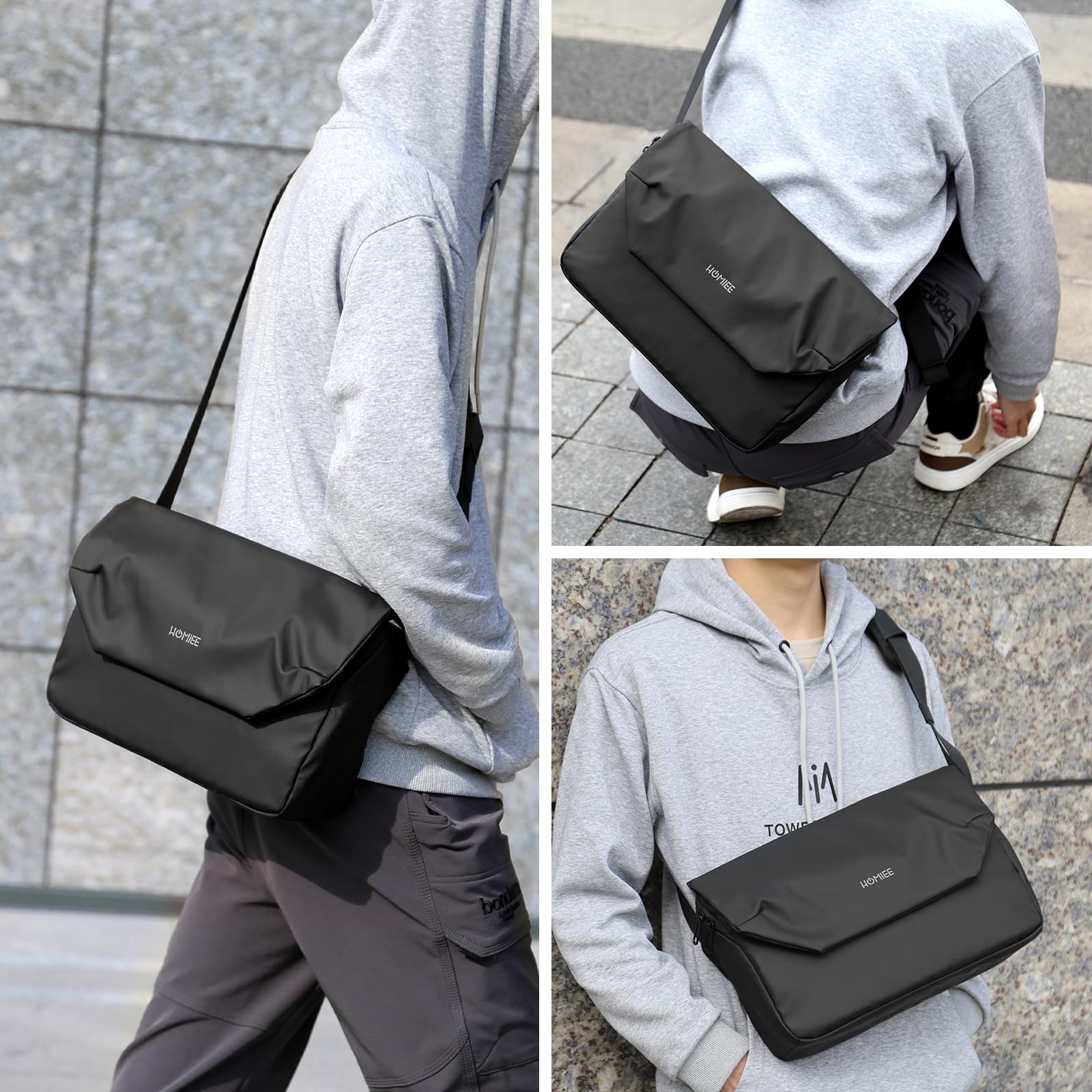 HOMIEE Waterproof Crossbody Messenger Bag for Men - Lightweight Chest Shoulder Satchel for College, Work & Travel - Durable & Stylish Black Bag for Daily Commute, Business Trips & Outdoor Adventures