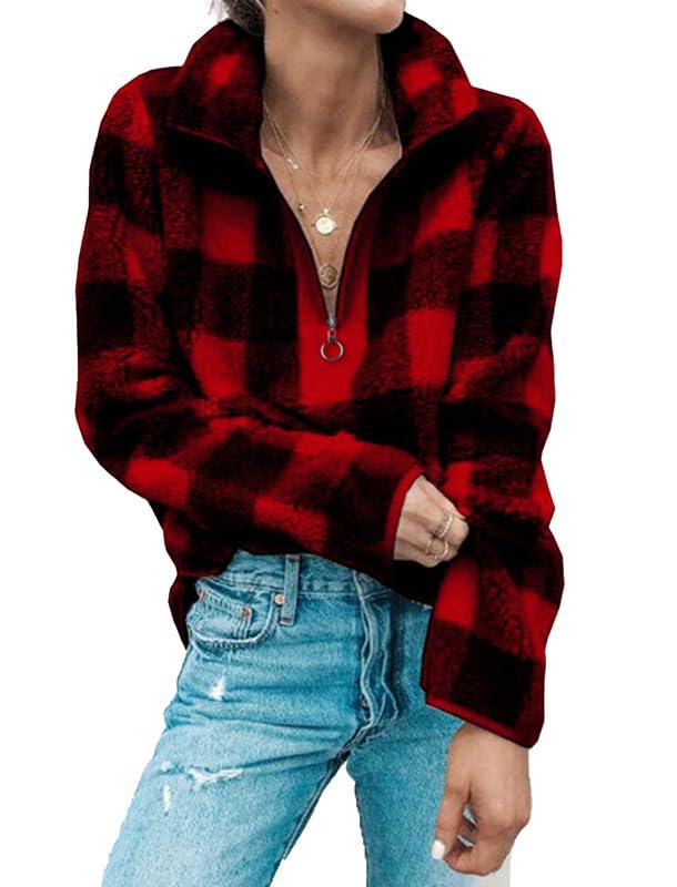 CORIRESHA Women's Plaid Fleece Quarter Zip Pullover Sweatshirt - Soft Winter Warm Fuzzy Jacket for Casual Outfits, Outdoor Activities & Cold Weather Layering