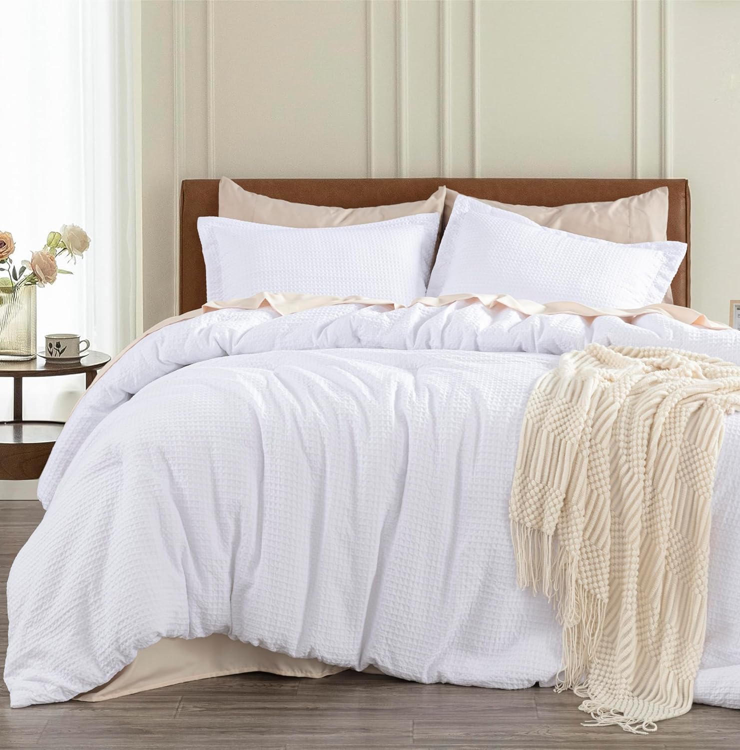 Chezmoi Collection Wilmer 3-Piece Waffle Weave Comforter Set - Soft & Cozy All-Season Queen Size Bedding in White for Bedroom Decor & Guest Room Comfort