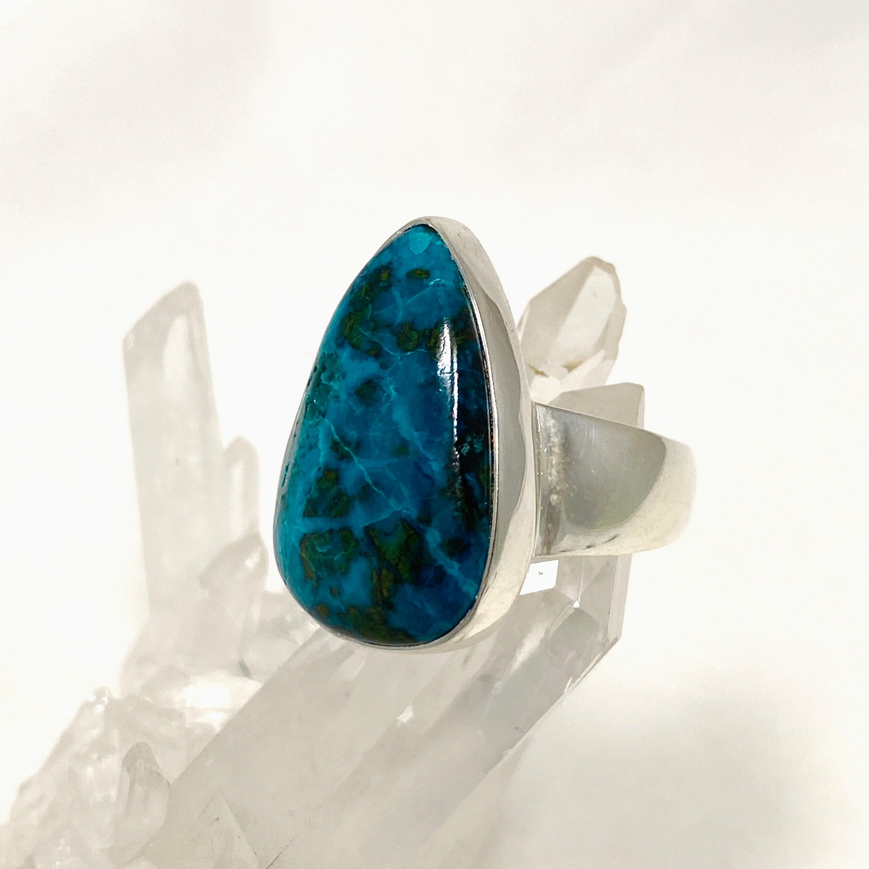 Shattuckite Dioptase Chrysocolla Teardrop Ring - Size 10 Natural Stone Jewelry KRGJ3224 | Healing Crystal Ring for Meditation & Spiritual Gifts