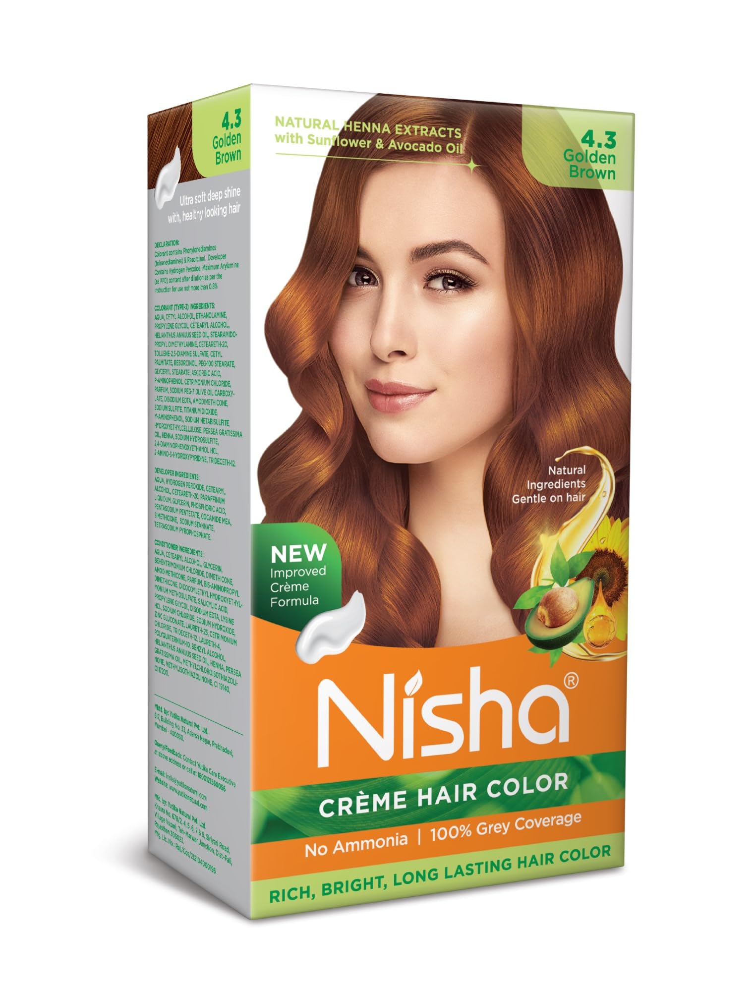 Nisha Creme Hair Color Golden Brown - Permanent Ammonia-Free Hair Dye for Women & Men | Ultra Soft Deep Shine with 100% Grey Coverage | 4.3 Golden Brown Shade (60gm+60ml+18ml) | Perfect for Salon-Quality At-Home Coloring & Touch-Ups