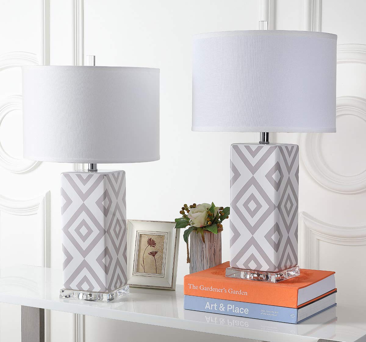 SAFAVIEH 27-inch Modern Grey Diamond Table Lamp Set of 2 with LED Bulbs - Contemporary Lighting for Bedroom, Living Room, Home Office & Nightstand (Perfect for Reading, Working & Ambient Lighting)