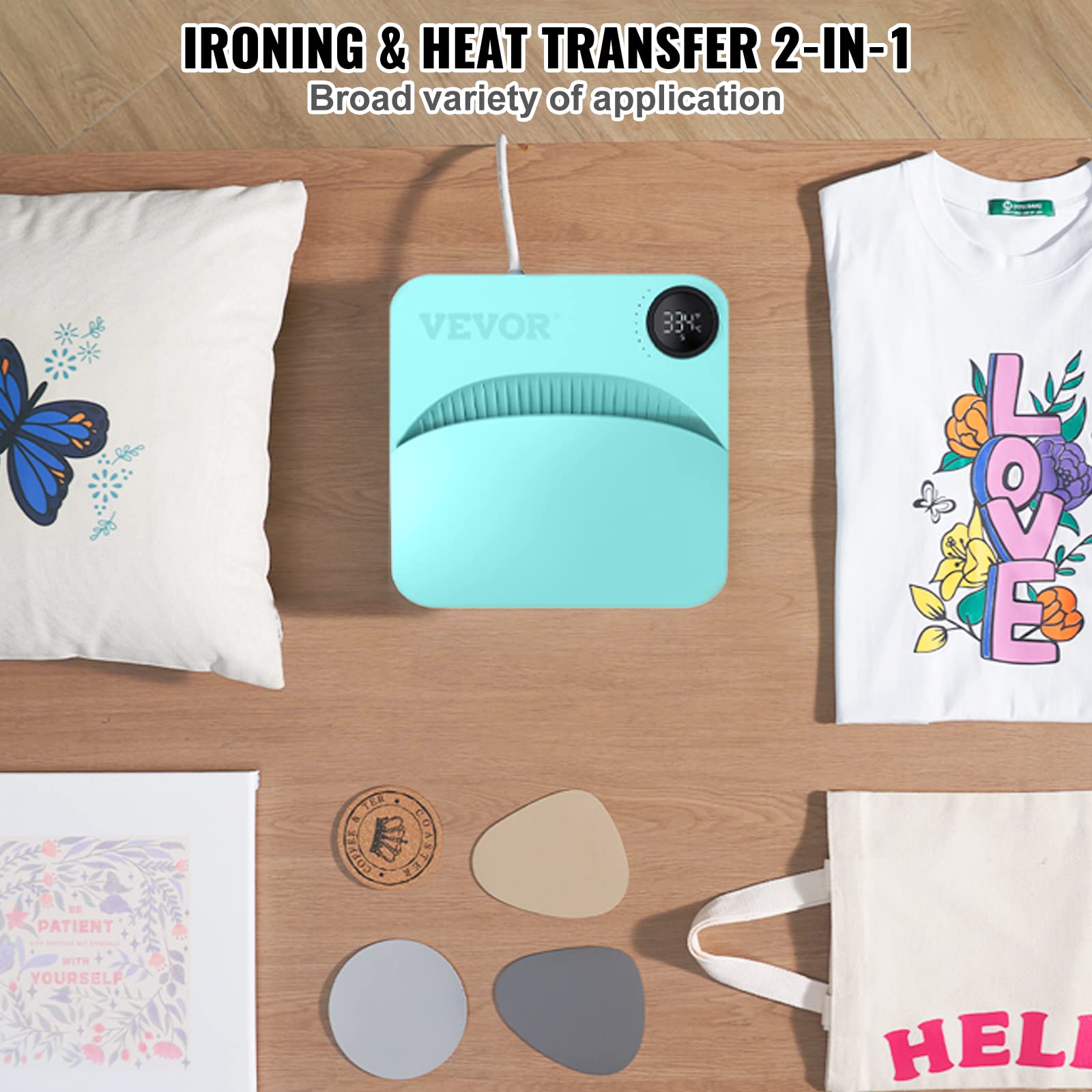 VEVOR 9x9 Inch Heat Press Machine for T-Shirts, Bags & Pillows - Portable Sublimation Transfer Press with Teflon Coating - Perfect for DIY HTV Vinyl Projects, Custom Apparel & Home Crafting