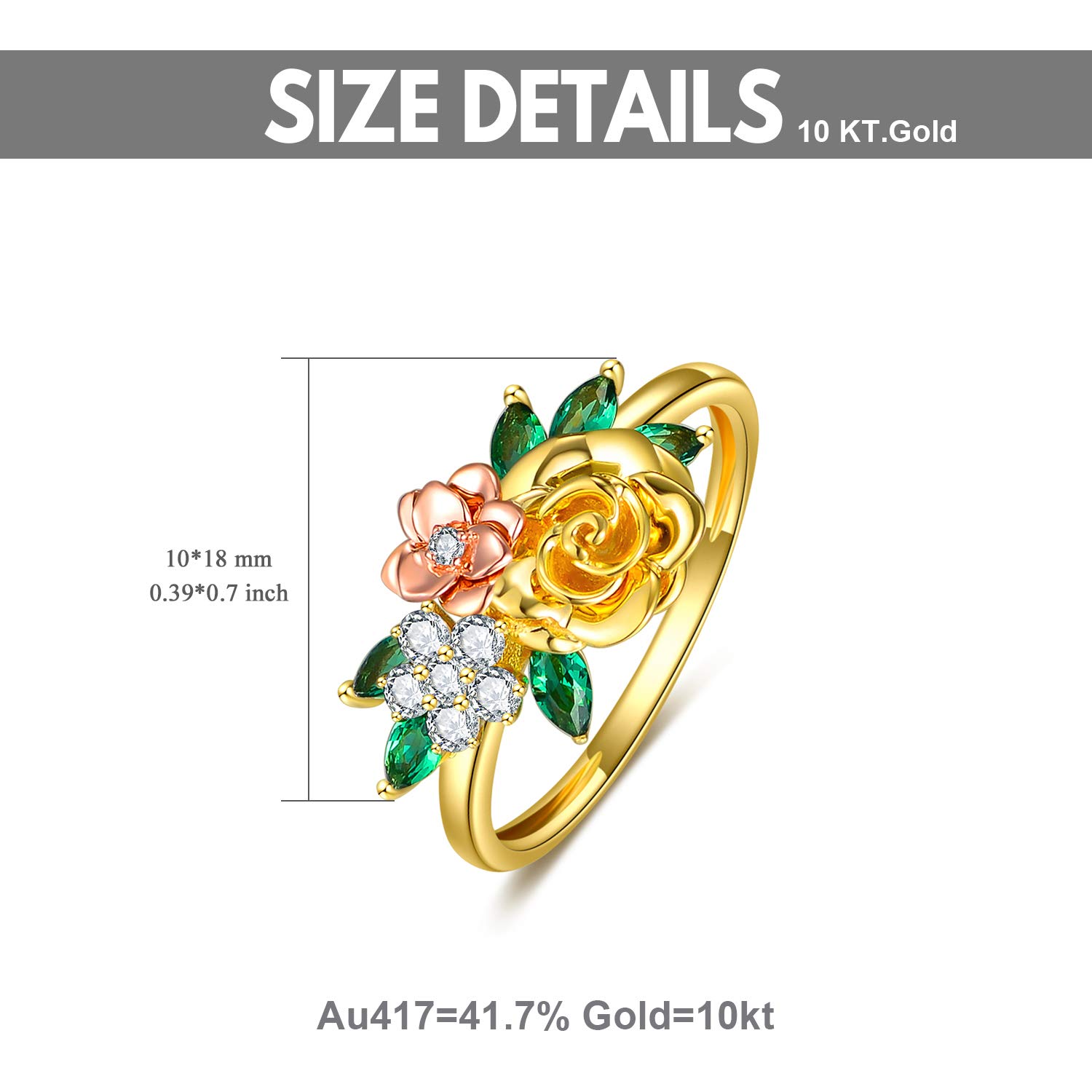 10K Real Gold Rose Flower Leaf Ring for Women - Yellow & Rose Gold Moissanite Three Flower Ring, Elegant Anniversary & Birthday Gift for Mom, Wife, Girlfriend | Perfect for Weddings, Date Nights & Special Occasions