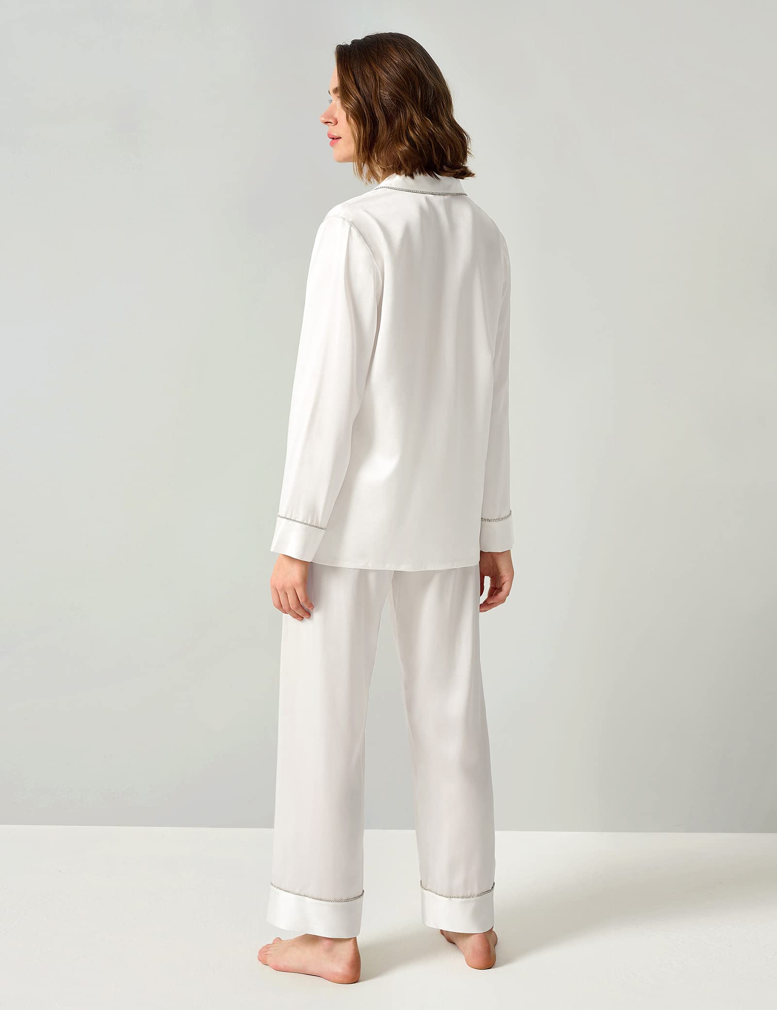Luxury 100% Pure Silk Pajamas Set for Women - Elegant Rhinestone Trimmed Long Sleeve Sleepwear & Loungewear | Perfect for Relaxing at Home, Spa Days & Romantic Getaways