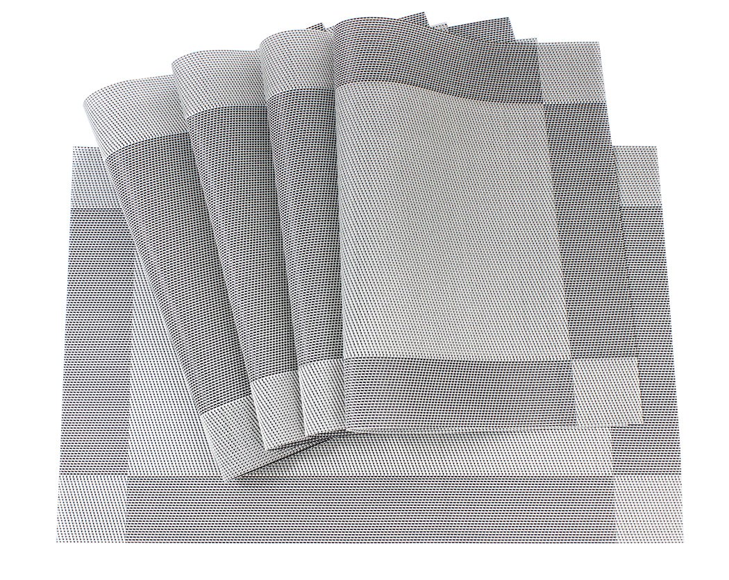 Heat Resistant & Stain Proof PVC Placemats Set of 5 - Washable Vinyl Table Mats for Dining & Kitchen - Silver Woven Placemats for Everyday Use & Dinner Parties