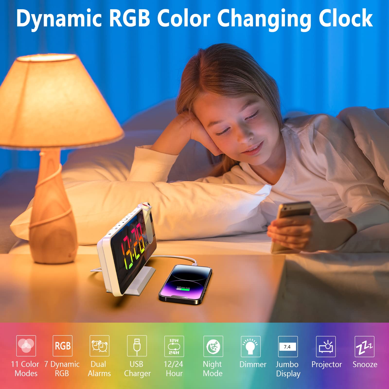 180° Rotatable Projection Alarm Clock with 7.4