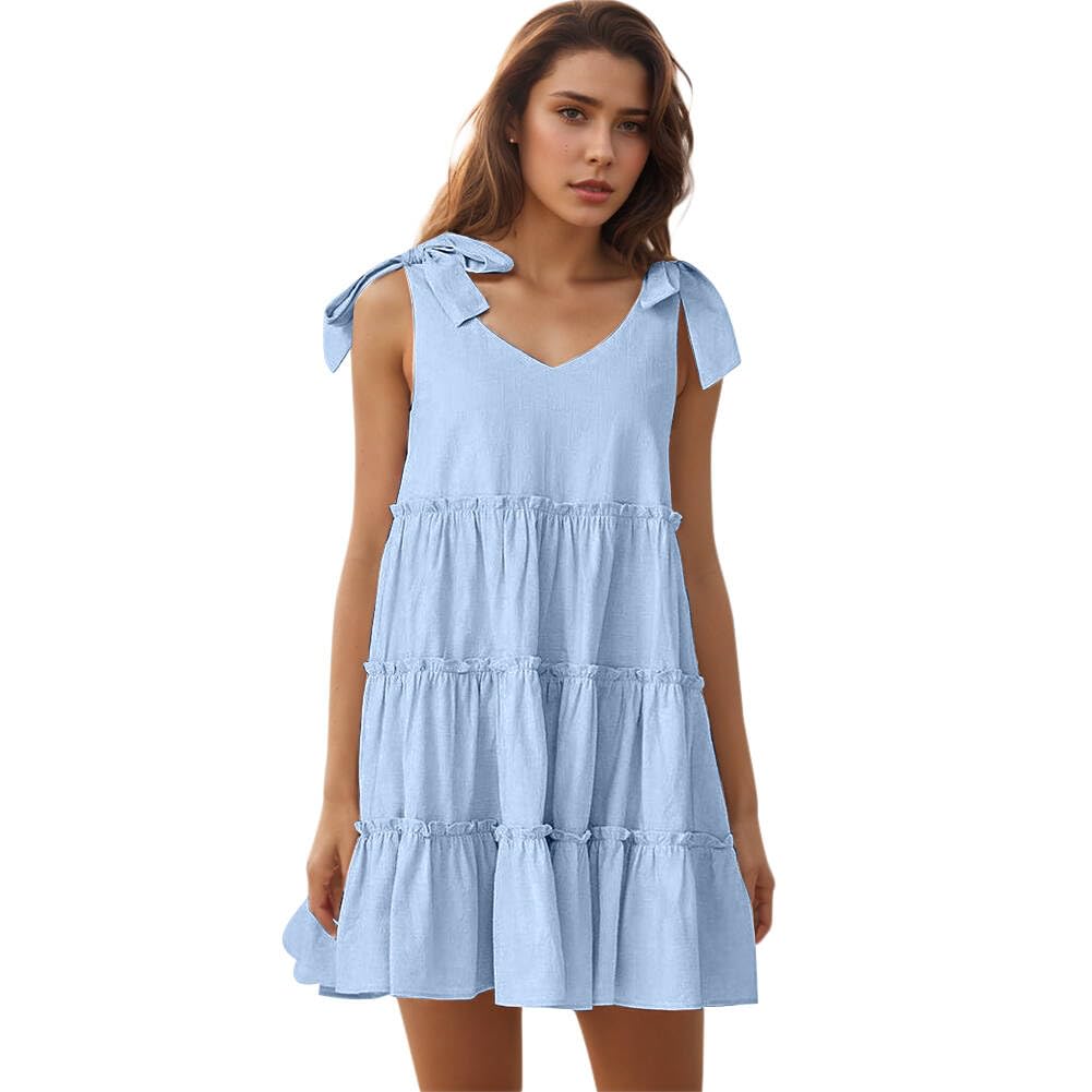 Women's Flowy Summer Dresses 2025 - V Neck Sleeveless Mini Sundress with Ruffles for Casual Wear & Beach Vacations | Perfect for Pool Parties, Date Nights and Tropical Getaways