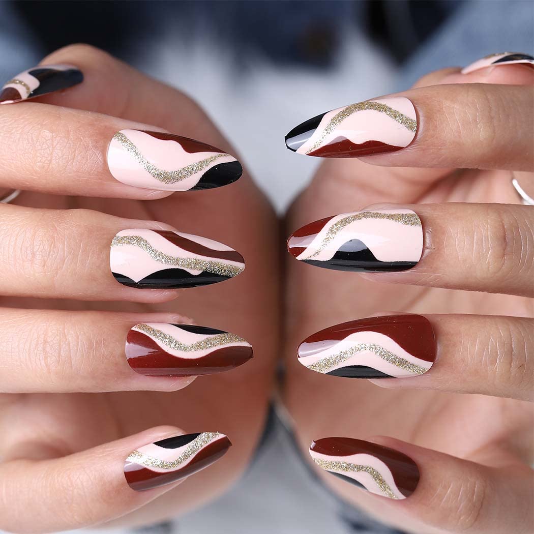 Almond Shape Press on False Nails - Brown Glossy Medium Length Fake Nails with Abstract Stripes Design - 24PCS Acrylic Nail Art Kit for Manicure & Decoration | Perfect for Parties, Weddings & Everyday Wear