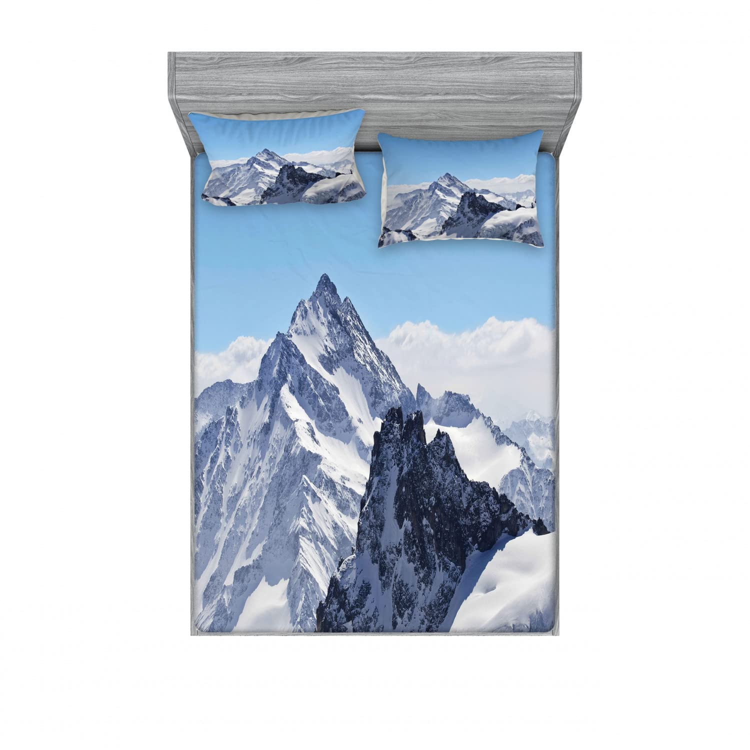 Ambesonne Winter 2 Pack Queen Size Fitted Sheet & Pillow Sham Set - Snowy Mountain Peaks Design, Blue and White 4 Piece Bedding Set (2 Fitted Sheets + 4 Pillow Covers) for Cozy Cabin Retreats & Mountain Lodge Decor