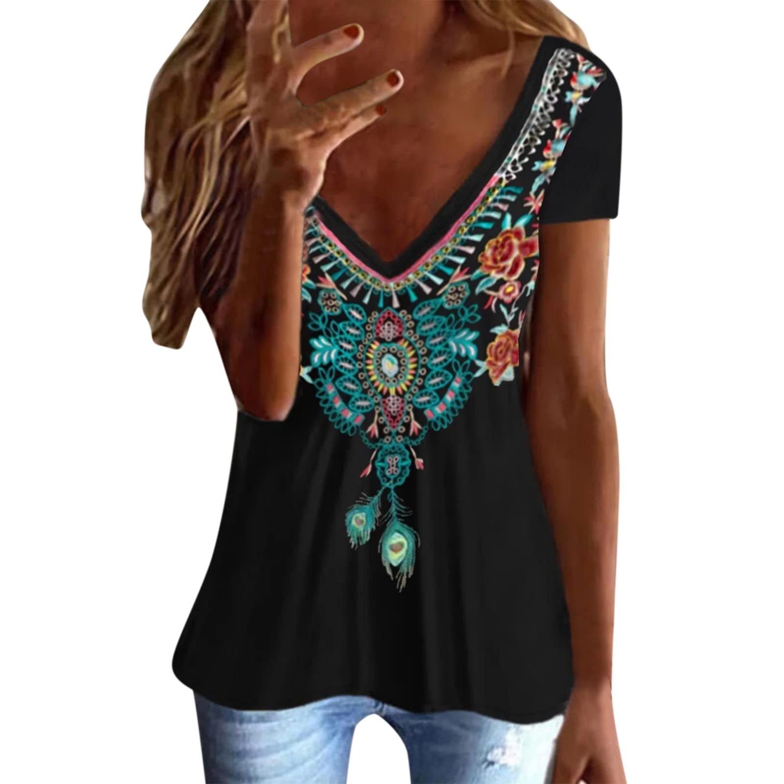 Women's Loose White Floral Printed Short Sleeve V-Neck T-Shirt | Summer Casual Top | Perfect for Beach Outings, Weekend Brunch & Vacation Wear