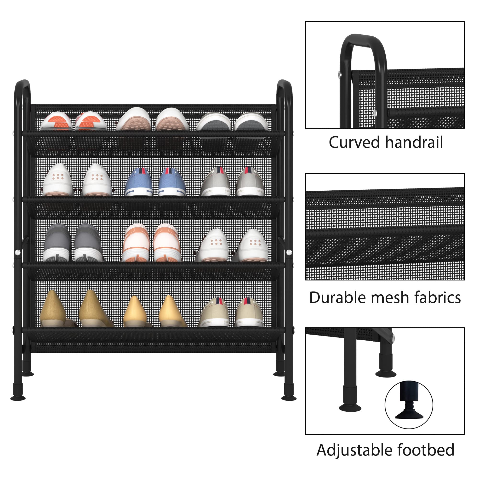 4-Tier Metal Shoe Rack Organizer - Space Saving Narrow Shoe Storage Shelf for Closet, Entryway, Hallway & Dorm Room - Durable Mesh Fabric Design (Black) - Perfect for Small Spaces & Apartment Living