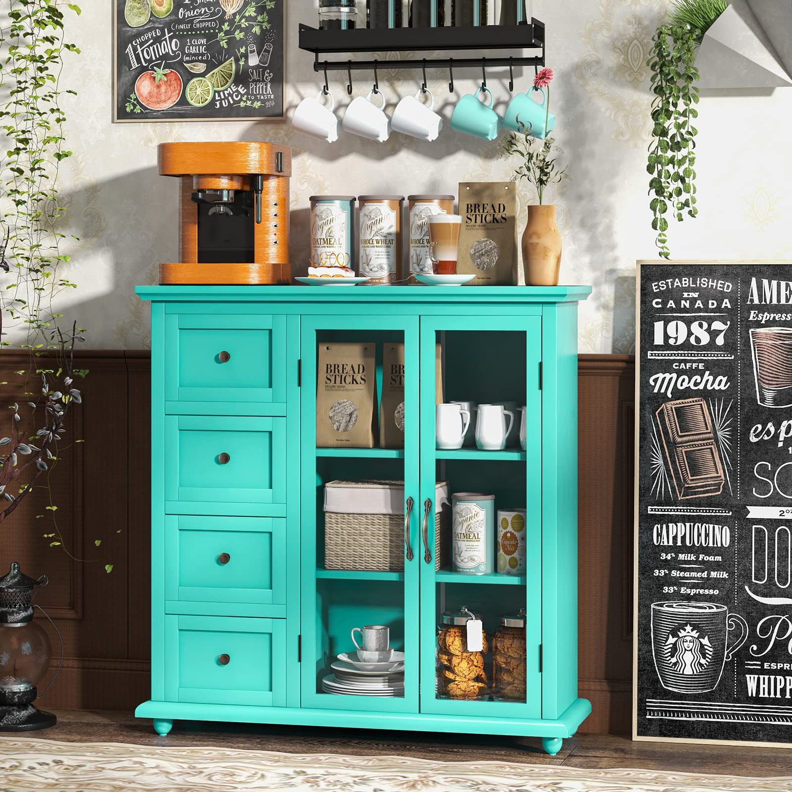 COSTWAY Sideboard Buffet Cabinet - 4-Drawer Kitchen Storage with 2 Tempered Glass Doors, Entryway Accent Cabinet for Dining Room, Kitchen & Home Organization | Perfect for Small Space Storage & Home Decor