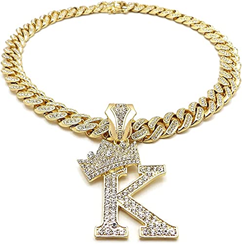 18K Gold Plated Hip Hop Alphabet Initial 'K' Pendant with 12mm Iced Out Cuban Chain Necklace for Men - Perfect for Streetwear, Gifts & Hip Hop Fashion