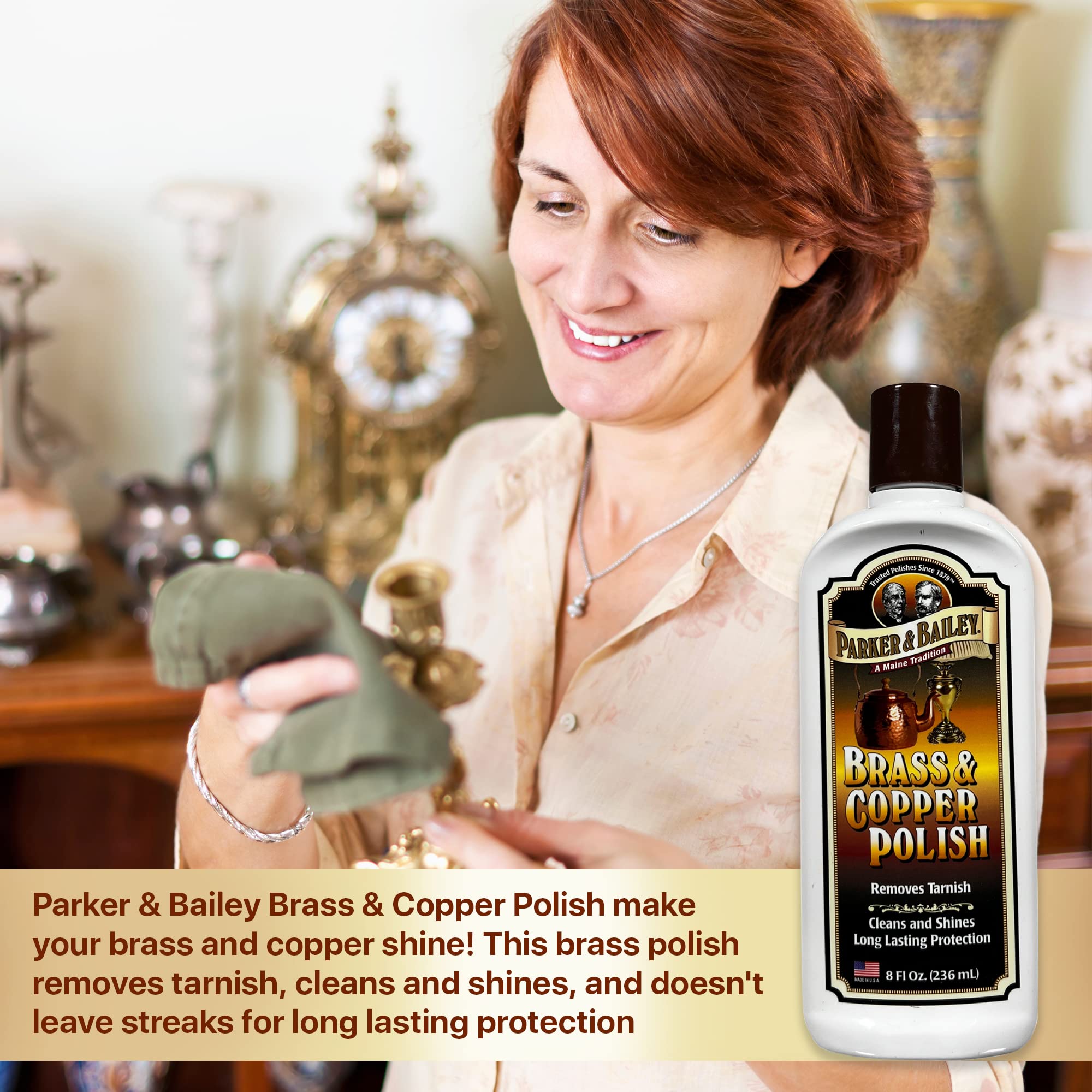 **PARKER & BAILEY Brass and Copper Polish Cleaner – Tarnish Remover & Metal Polish Cream for Antique Decor, Pans, Jewelry & Furniture (8 Oz) – Restores Shine for Kitchenware, Collectibles & Home Decor**