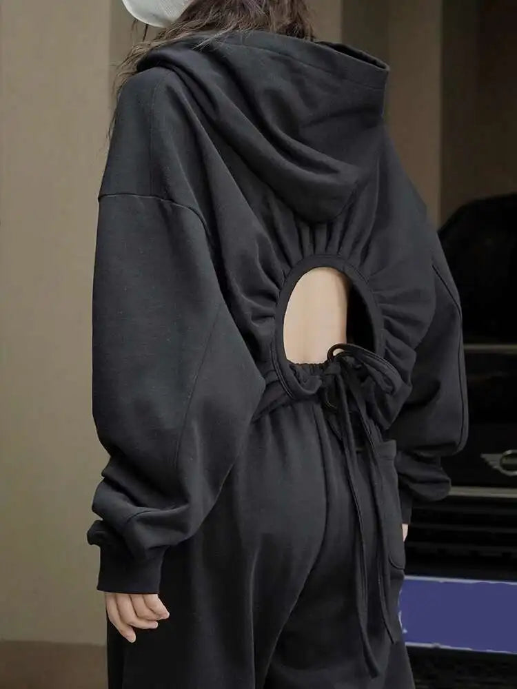 Women's Backless Drawstring White Casual Hooded Sweatshirt - Long Sleeve Oversized Fashion Pullover for Spring & Autumn 2025 | Trendy Streetwear, Lounge Wear, and Layering Essential