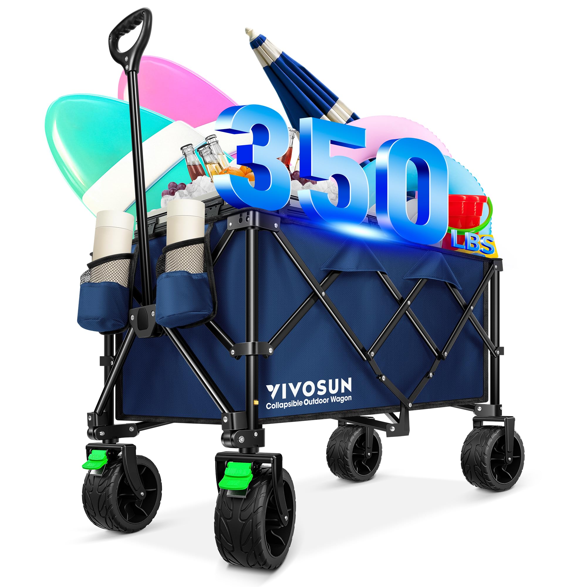 VIVOSUN Collapsible Folding Wagon Cart with All-Terrain Wheels - Adjustable Handle, Cup Holders & Storage Pockets - Perfect for Beach, Camping, Shopping, Picnics, Gardening & Outdoor Activities - Heavy Duty Utility Wagon for Sand, Grass & Rough Terrain - Portable Blue Folding Cart