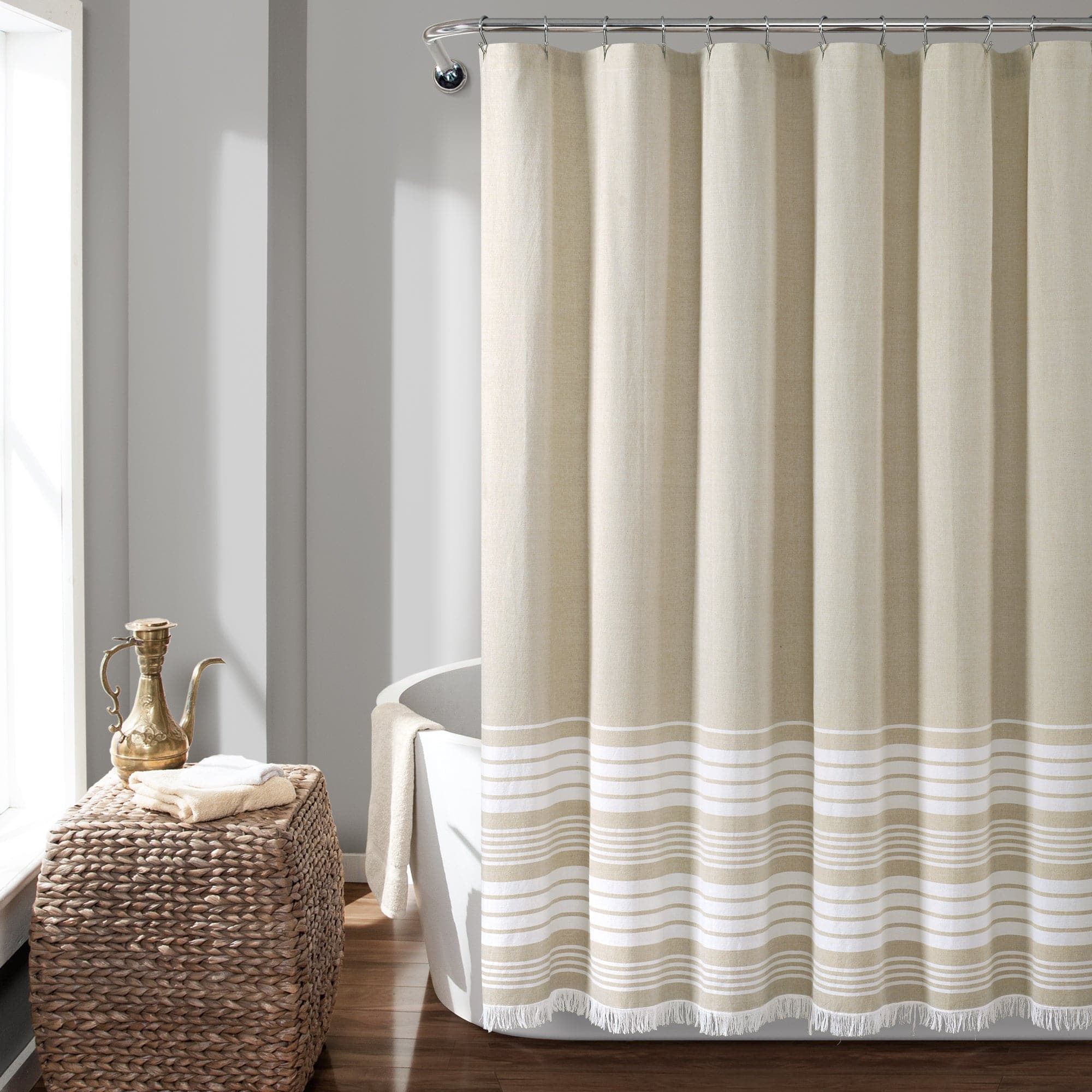 Nantucket Yarn Dyed Tassel Fringe Shower Curtain - Coastal Bathroom Decor for Beach House, Farmhouse & Boho Style