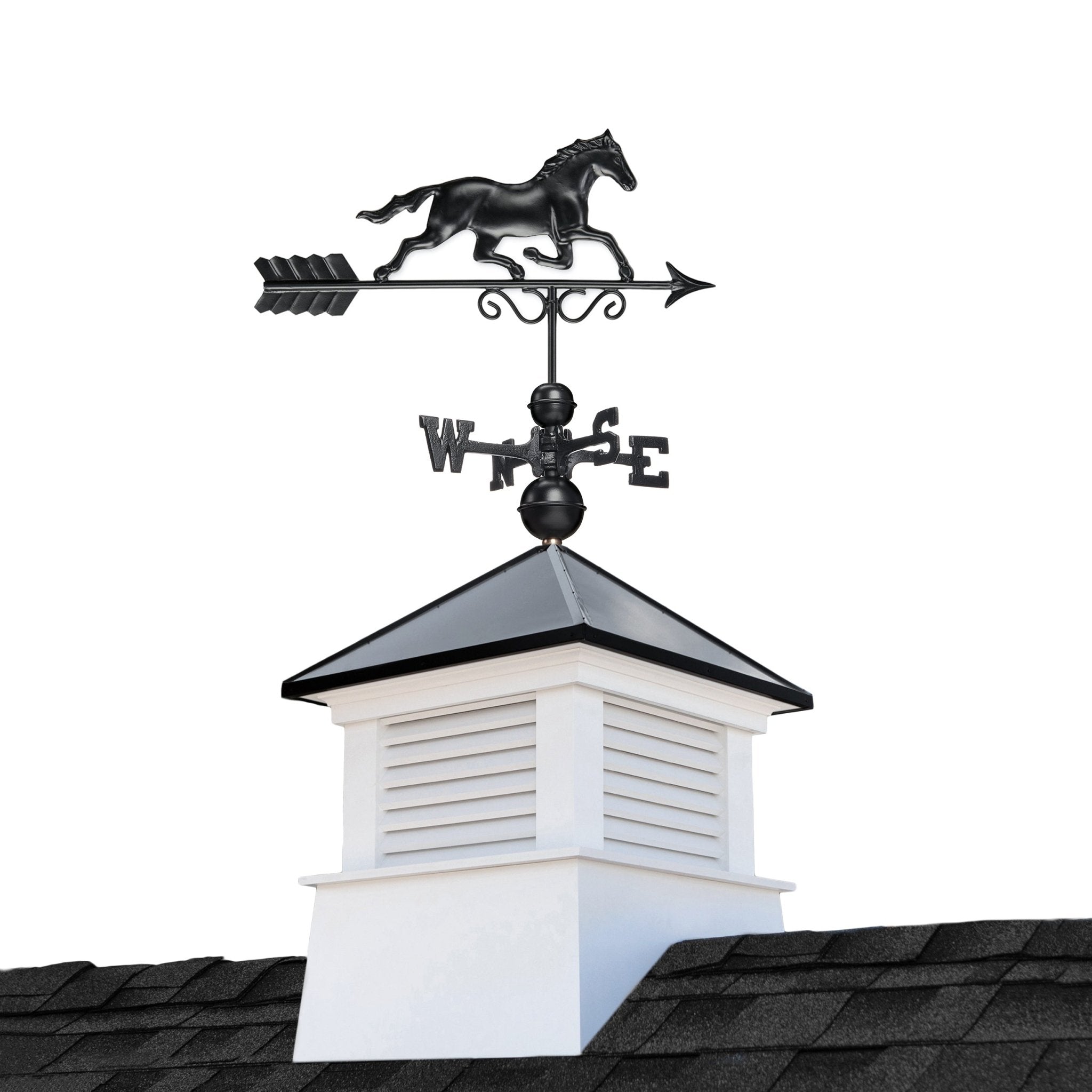 18 Square Manchester Vinyl Cupola with Black Aluminum Roof & Horse - Weatherproof Decorative Ventilation for Barns, Sheds & Outdoor Buildings