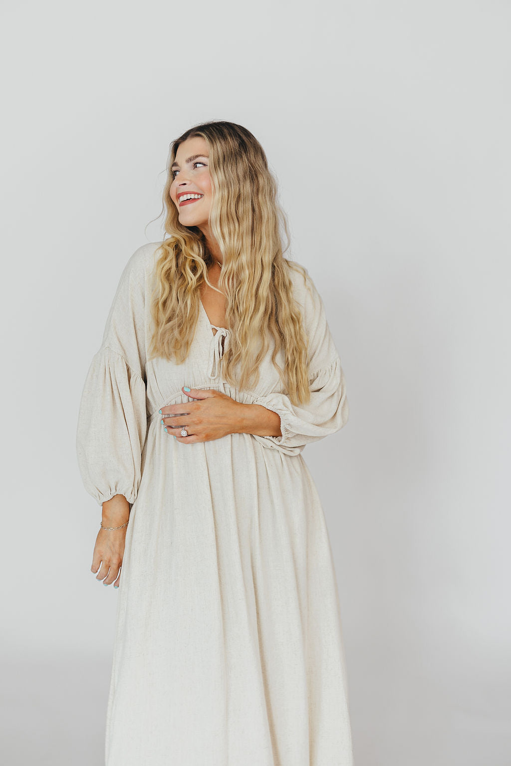 Hunter Linen Blend Midi Dress in Greige - Bump Friendly Maternity Dress with Inclusive Sizing | Perfect for Pregnancy, Nursing, and Everyday Comfort Wear