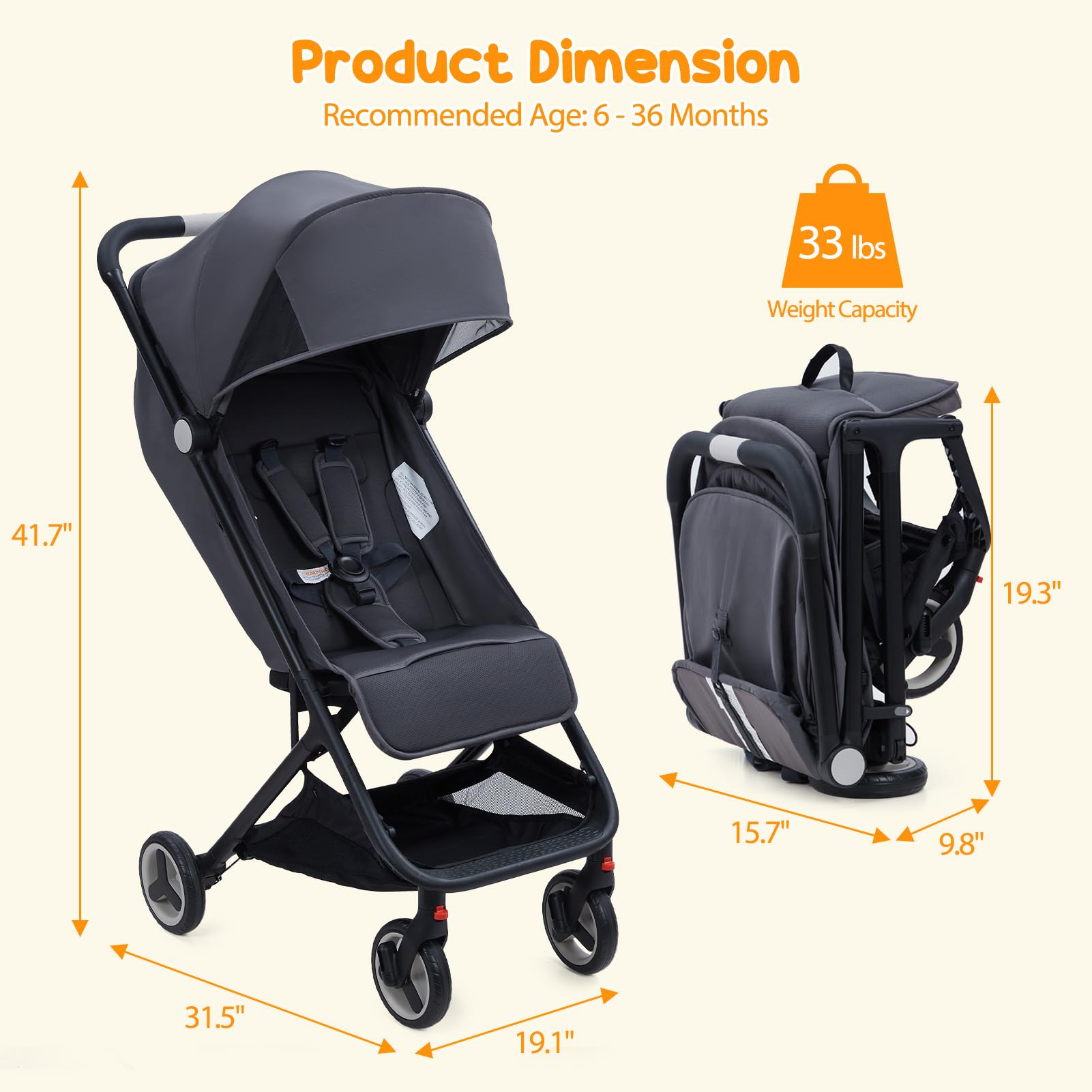 GAOMON Lightweight Compact Stroller - One Hand Fold, Airplane Friendly, Reclining Seat with Canopy & Smooth Suspension | Travel System Ready Black Baby Stroller for Travel, Shopping & Daily Use