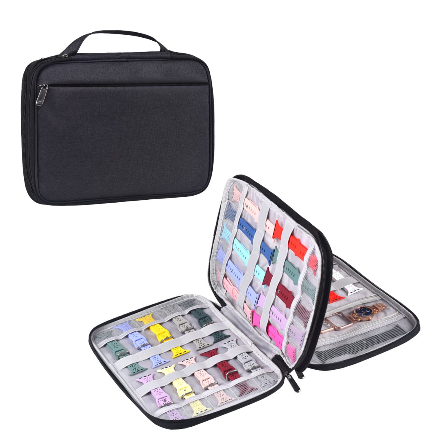 Watch Band Storage Case Organizer - Holds 35 Straps & Accessories (Black) - Perfect for Travel & Display