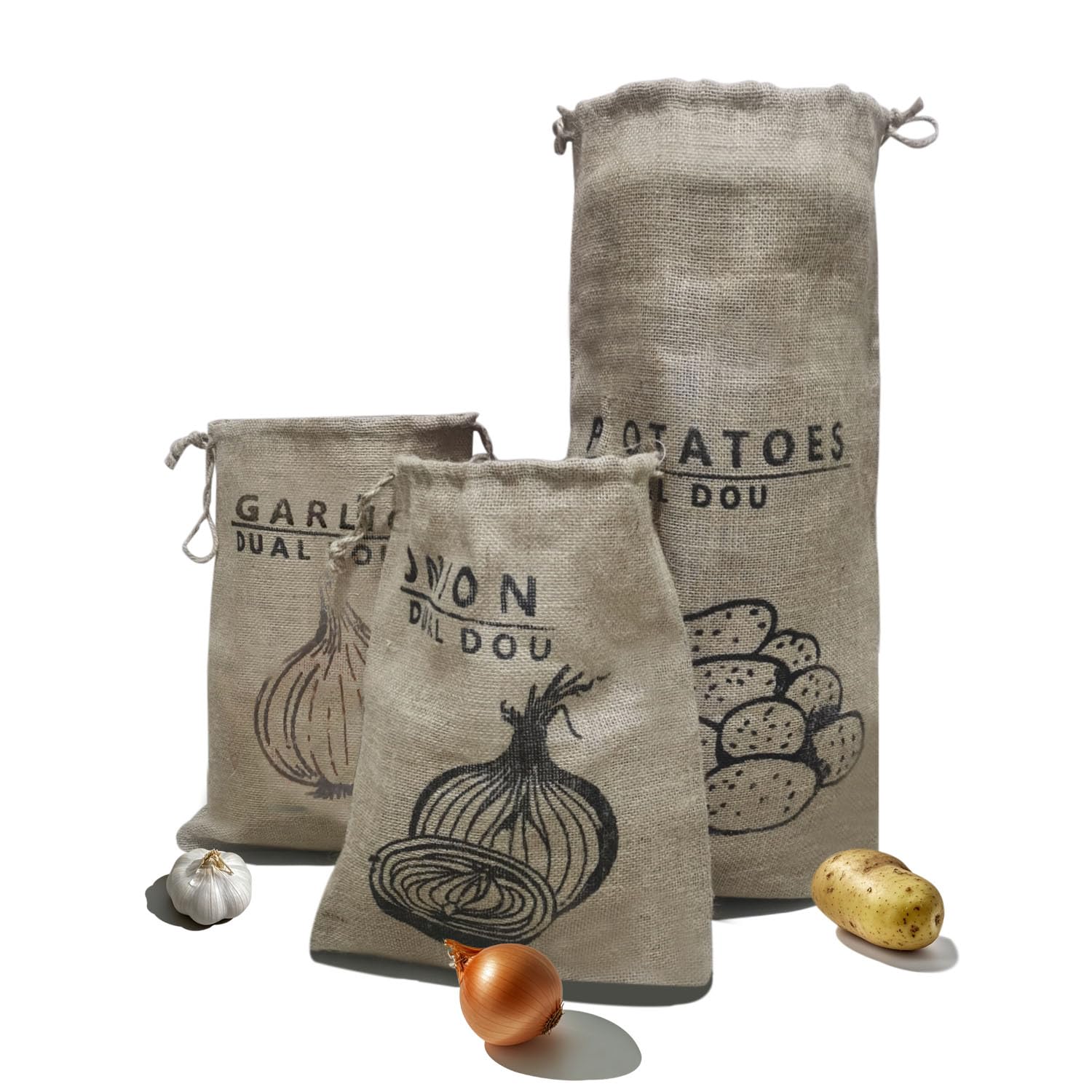Organic Burlap Onion and Potato Storage Bags - 3 Pack Reusable Jute Drawstring Produce Bags for Garlic, Onions, Potatoes - Perfect for Kitchen Pantry Organization, Root Vegetable Storage & Eco-Friendly Food Preservation