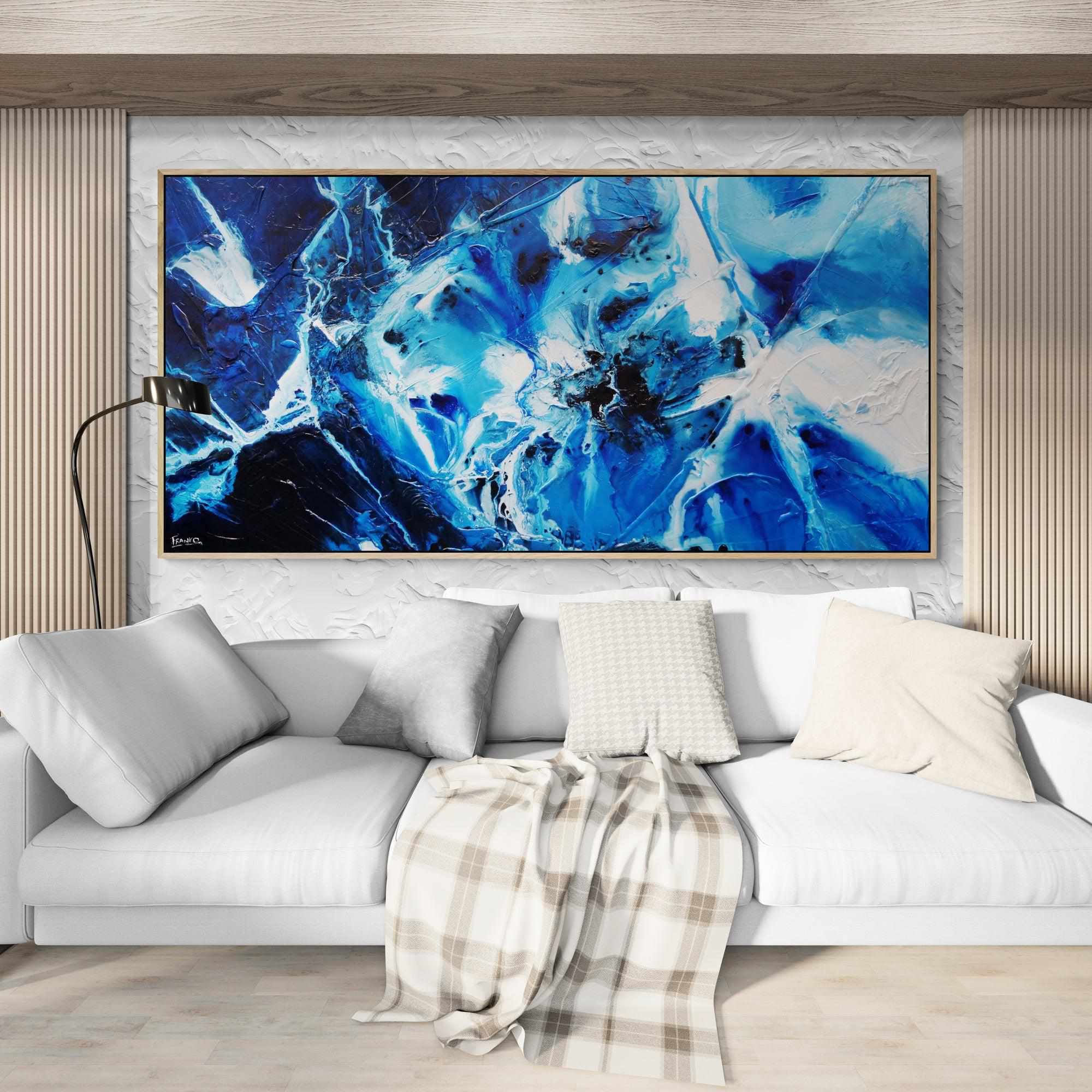 Blue Theory 200cm x 100cm Blue White Textured Abstract Canvas Art - Perfect for Modern Living Room & Office Wall Decor