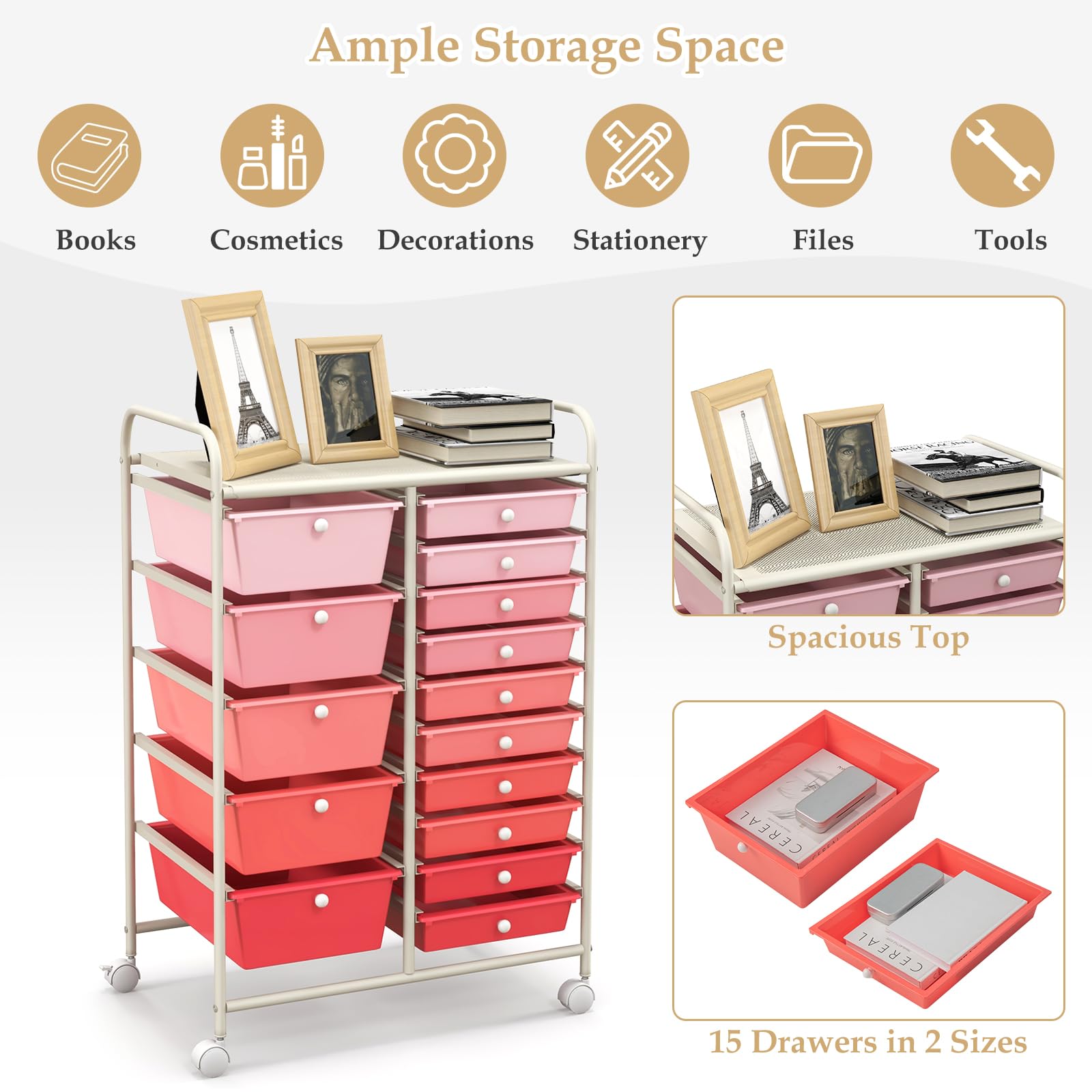 15-Drawer Rolling Storage Cart with Removable Drawers & Sturdy Steel Frame - Multipurpose Utility Organizer with Smooth-Glide Wheels & Ergonomic Handle - Perfect for Home Organization, Classroom Supplies, Office Storage & Retail Displays