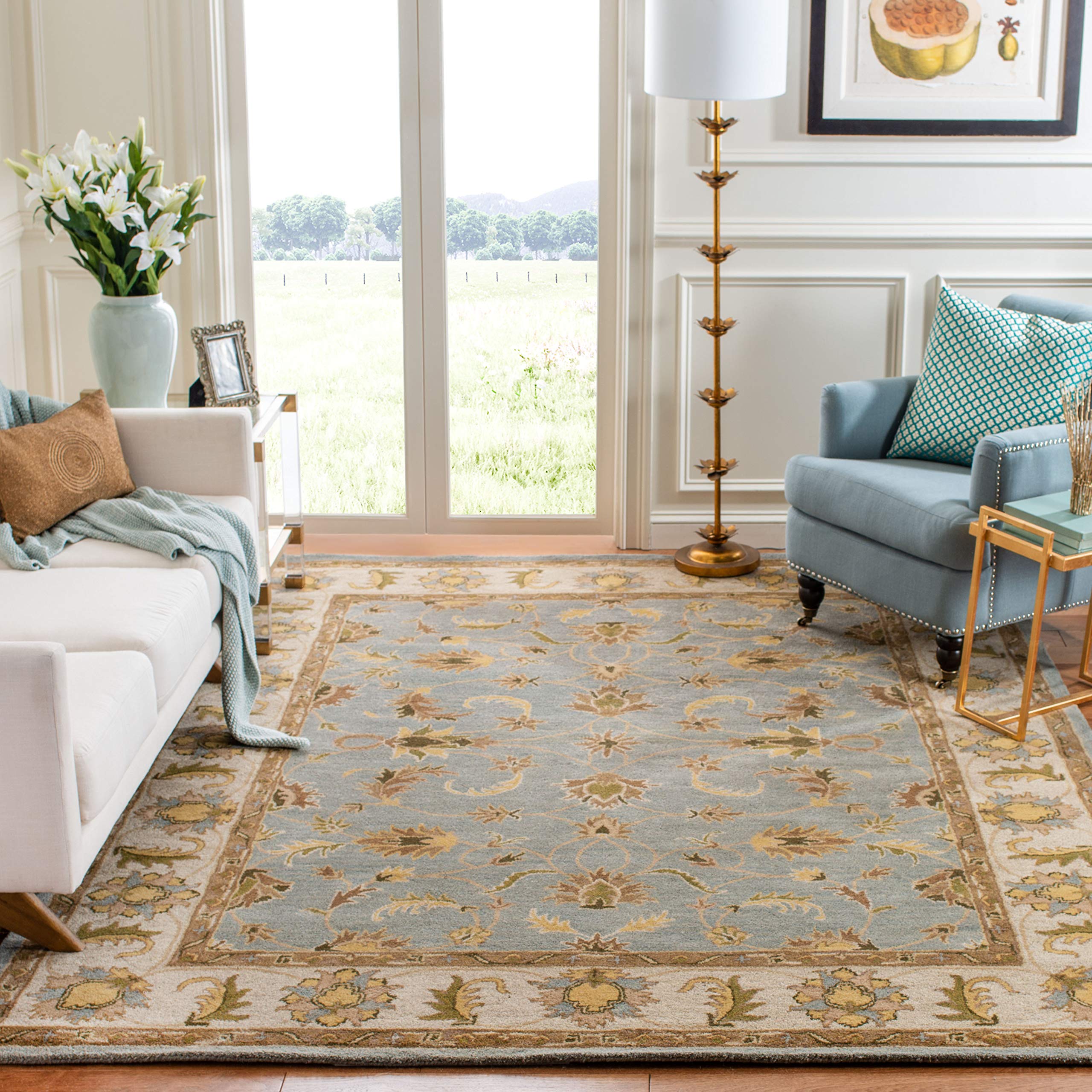 SAFAVIEH Heritage Collection 8' Square Light Blue Beige HG913A Handmade Oriental Wool Area Rug - Perfect for Living Room, Bedroom & Home Decor
