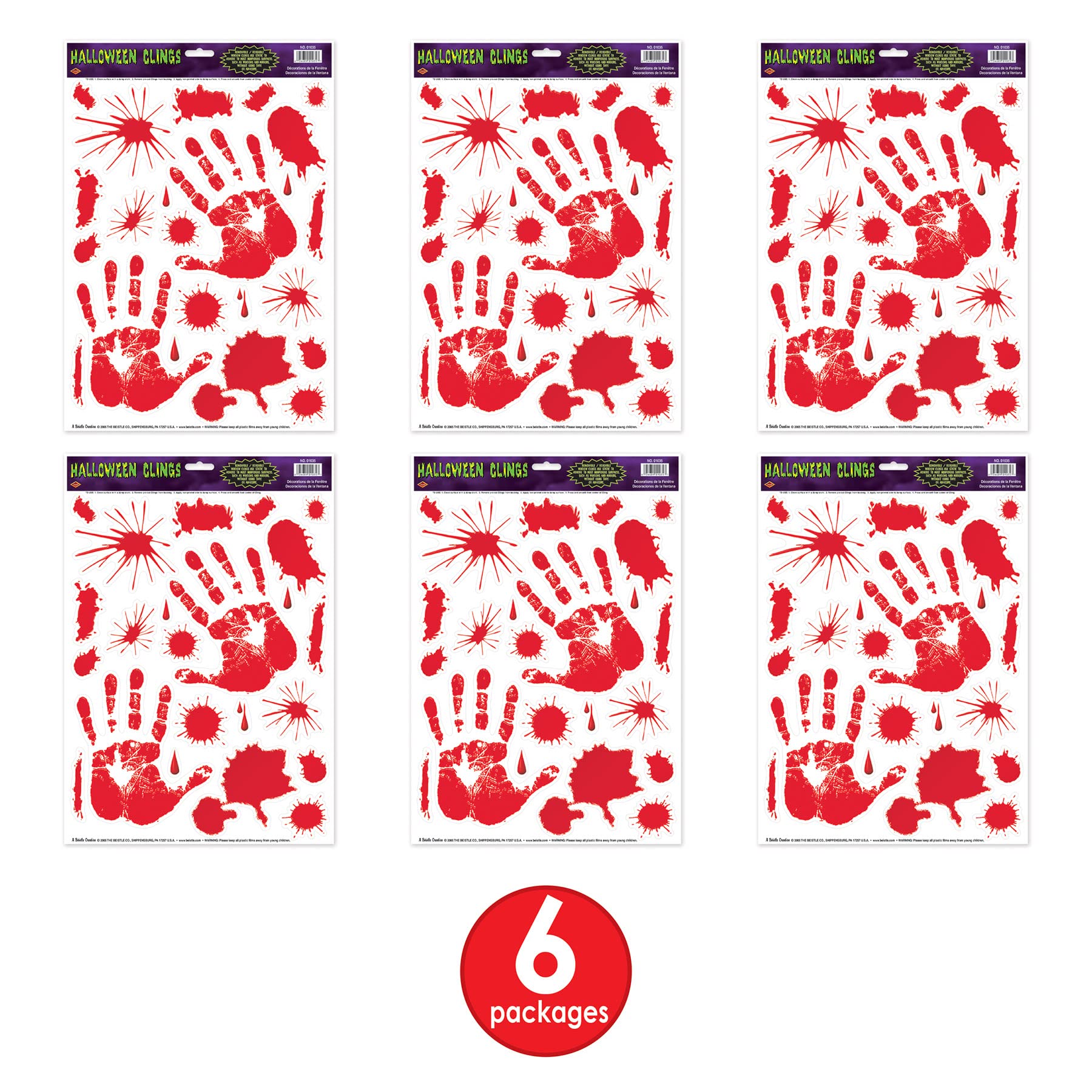 Beistle Bloody Handprint Window Clings - Halloween Decoration for Windows, Doors & Walls - Scary Red Hand Prints for Spooky Party Decor