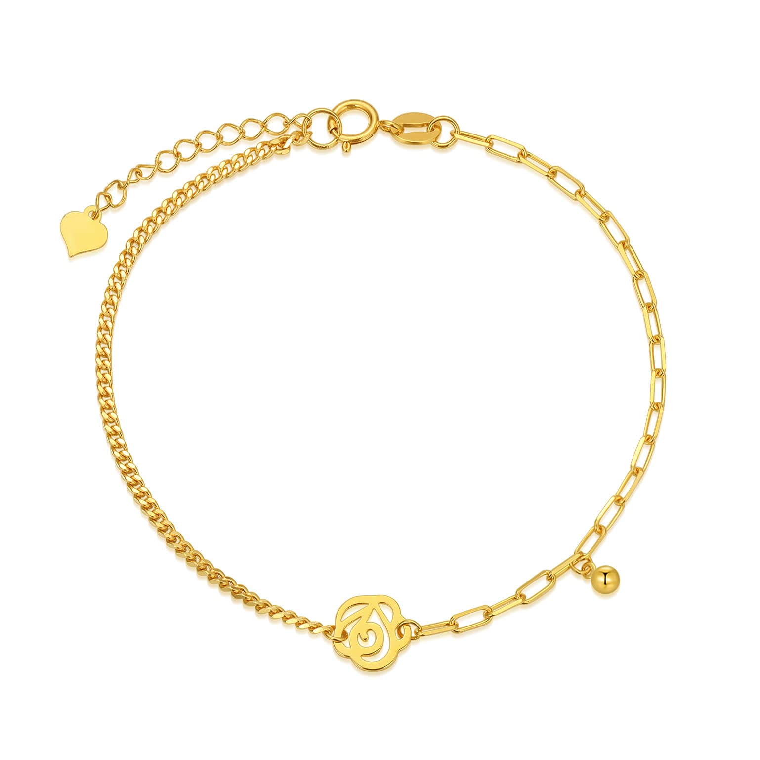 18K Solid Gold Rose Bracelet for Women - Dainty Paperclip & Cuban Link Chain with Rose Flower Charm | Anniversary Jewelry Gift for Mom, Wife | 7.5 Inch | Perfect for Weddings, Date Nights & Special Occasions