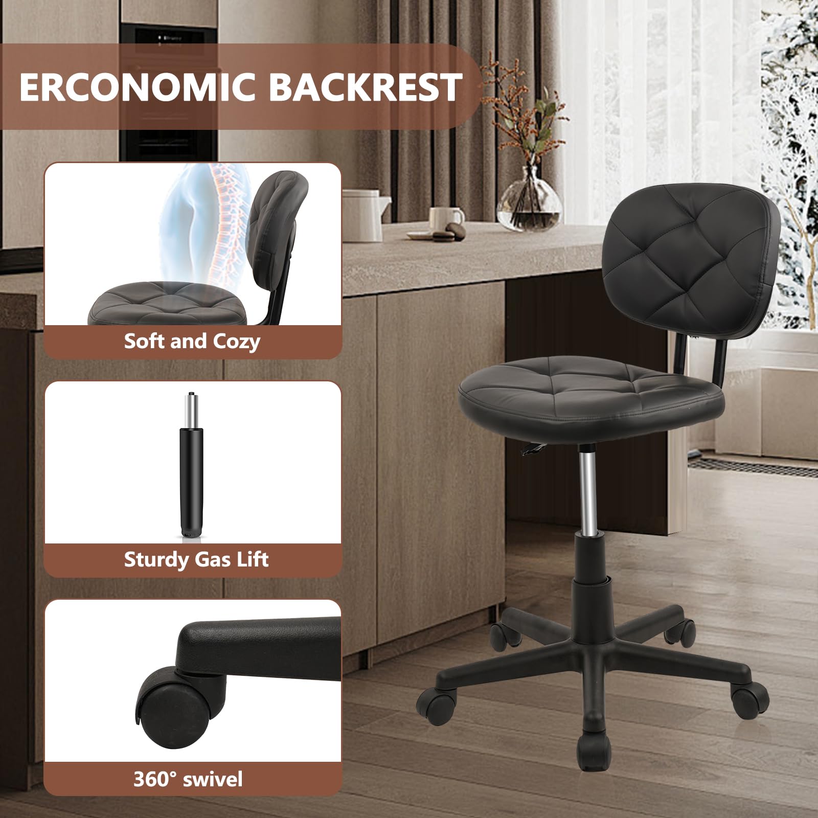 Adjustable Height Rolling Stool Chair with PU Leather Backrest - Ergonomic Office Chair for Standing Desk, Computer Work & Home Use - Set of 2 (Ideal for Small Spaces, Salon, Kitchen & Workspaces)