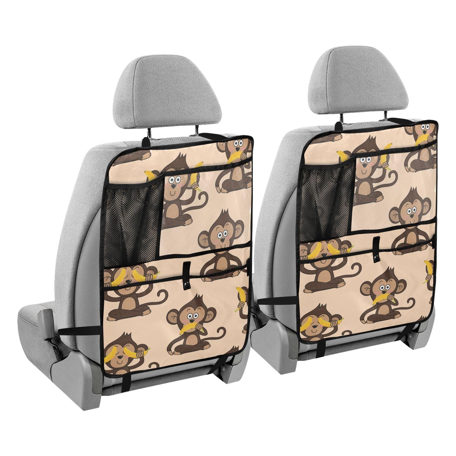 ODAWA Monkey Banana Pattern Cute 2-Pack Car Back Seat Cover & Organizer - Universal Vehicle Seat Protector with Storage Pockets for Kids, Pets, and Travel Accessories - Perfect for Family Road Trips and Daily Commutes
