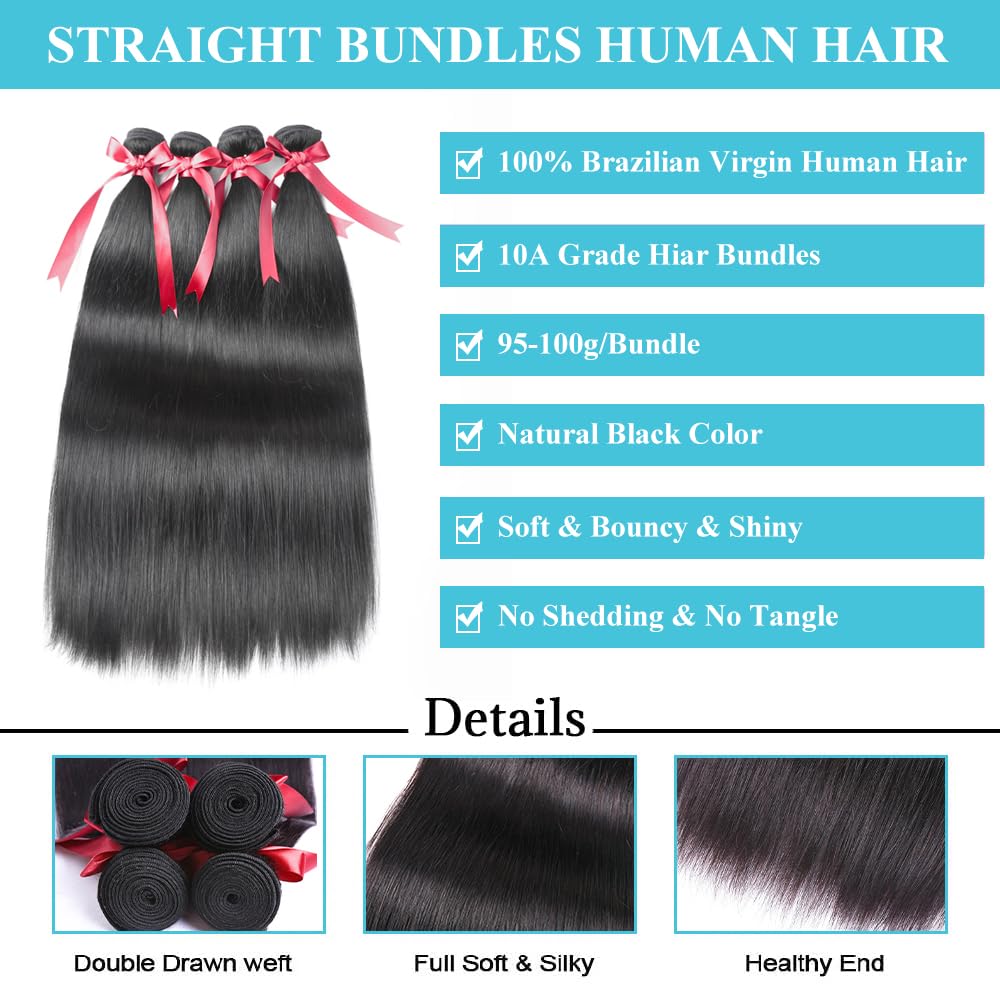 ALLRUN 100% Unprocessed Brazilian Virgin Raw Hair Bundles - 18 20 22 24 Inch Straight Human Hair Extensions (4 Bundles) Natural Black Color for Styling, Weaving & Volume Boost - Perfect for Daily Wear, Parties & Special Occasions