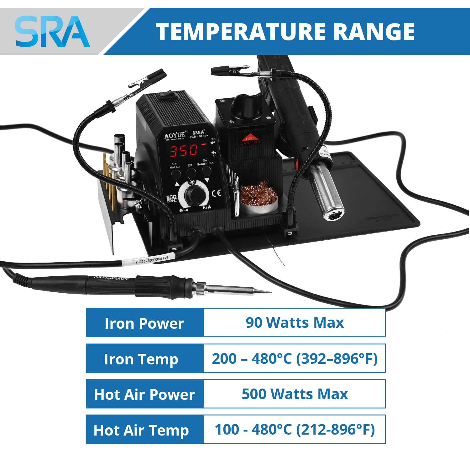 Aoyue 888+ 2-in-1 Hot Air Rework Station & Soldering Iron Kit for PCB Repair - Includes Soldering Mat, Helping Hands, Solder Wire, Brass Coil, Desoldering Pump, Nozzles & ESD Wrist Strap - Perfect for Electronics Repair, DIY Projects & Circuit Board Maintenance