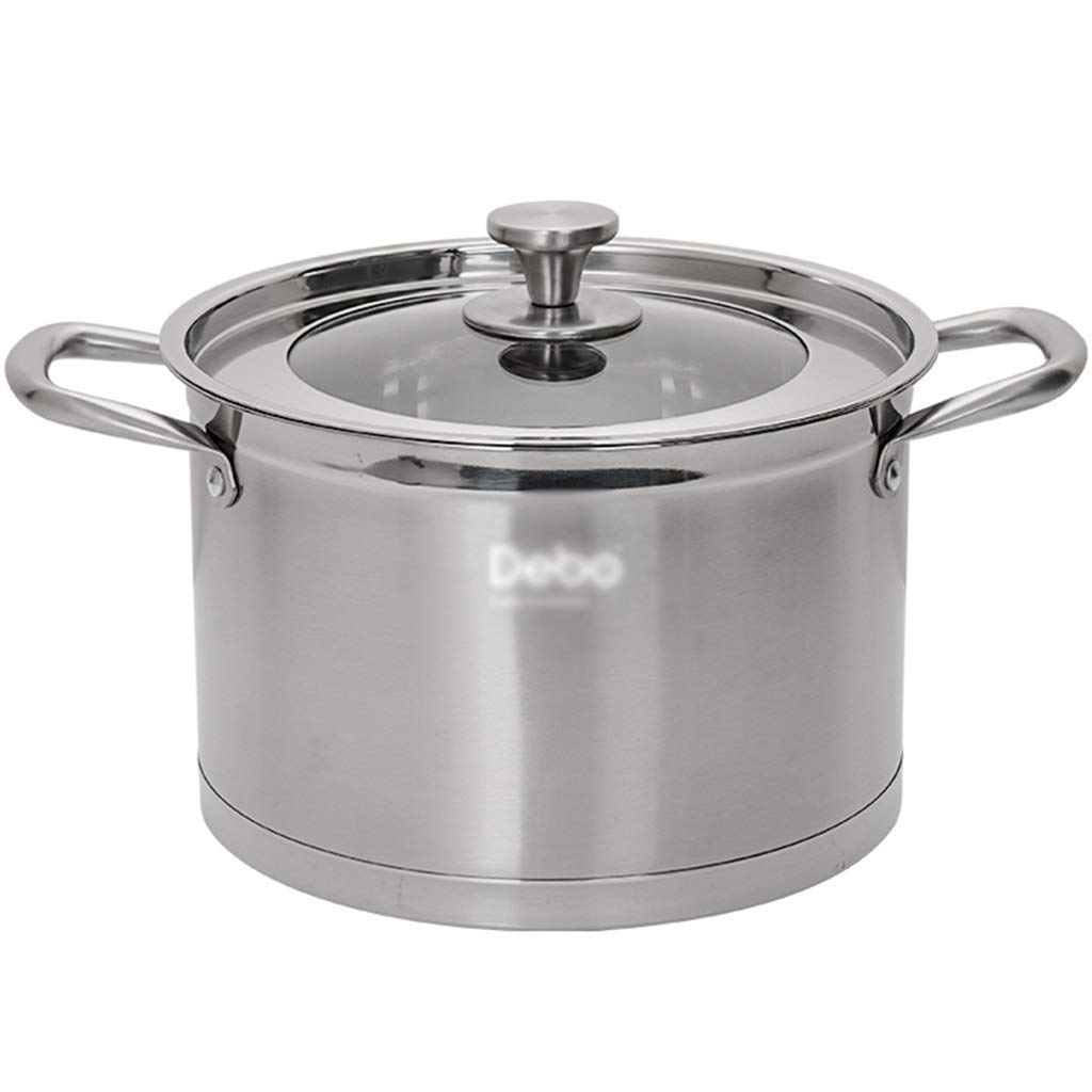 DERTEIO 24cm Clear Glass Soup Pot with Lid - Large Capacity Stainless Steel Casserole for Home & Restaurant Use - Durable Double Handle Stew Pan for Cooking, Boiling, Serving (Silver)