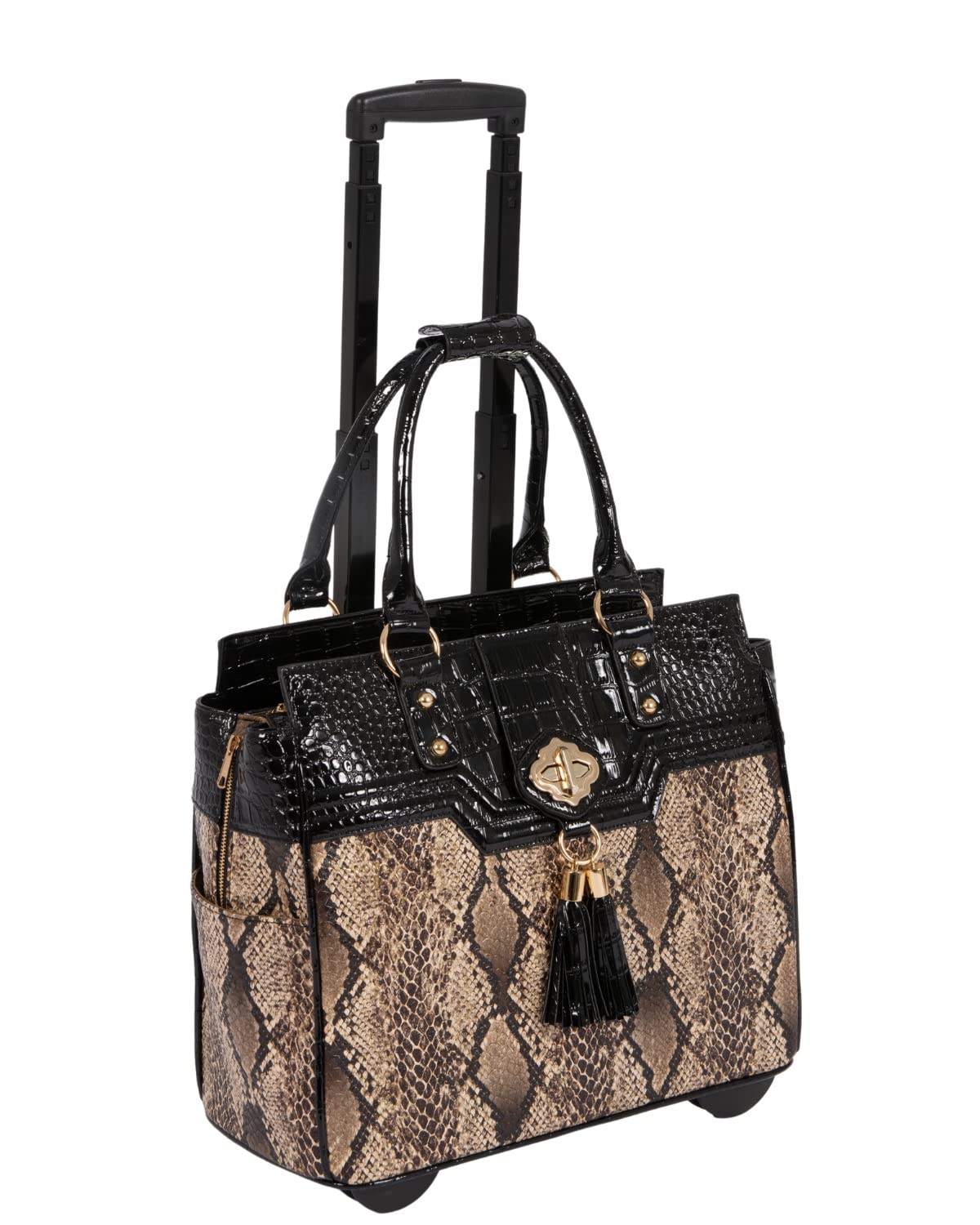 JKM and Company Alligator Print Rolling Tote Bag - Compatible with Laptop, iPad, Tablet - Stylish Briefcase & Carryall for Work, Travel, and Business Meetings