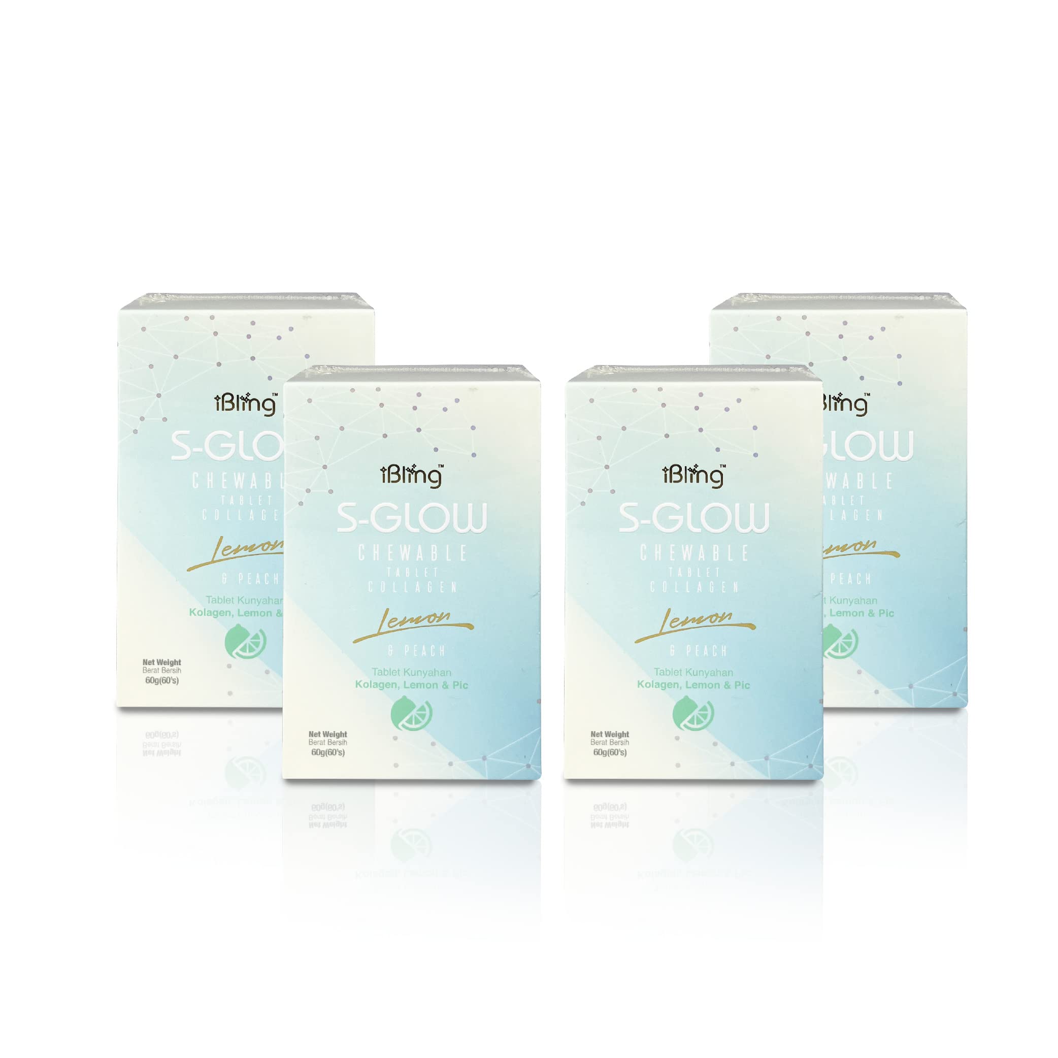 Premium Marine Fish Collagen 1000mg with Vitamin C - 60 Tablets per Bottle (4 Bottles) - Natural Antioxidant for Dry Hair, Dull Skin & Brittle Nails - Lemon Peach Flavor - Supports Skin Elasticity & Joint Health - Perfect for Daily Beauty Routine & Anti-Aging Care