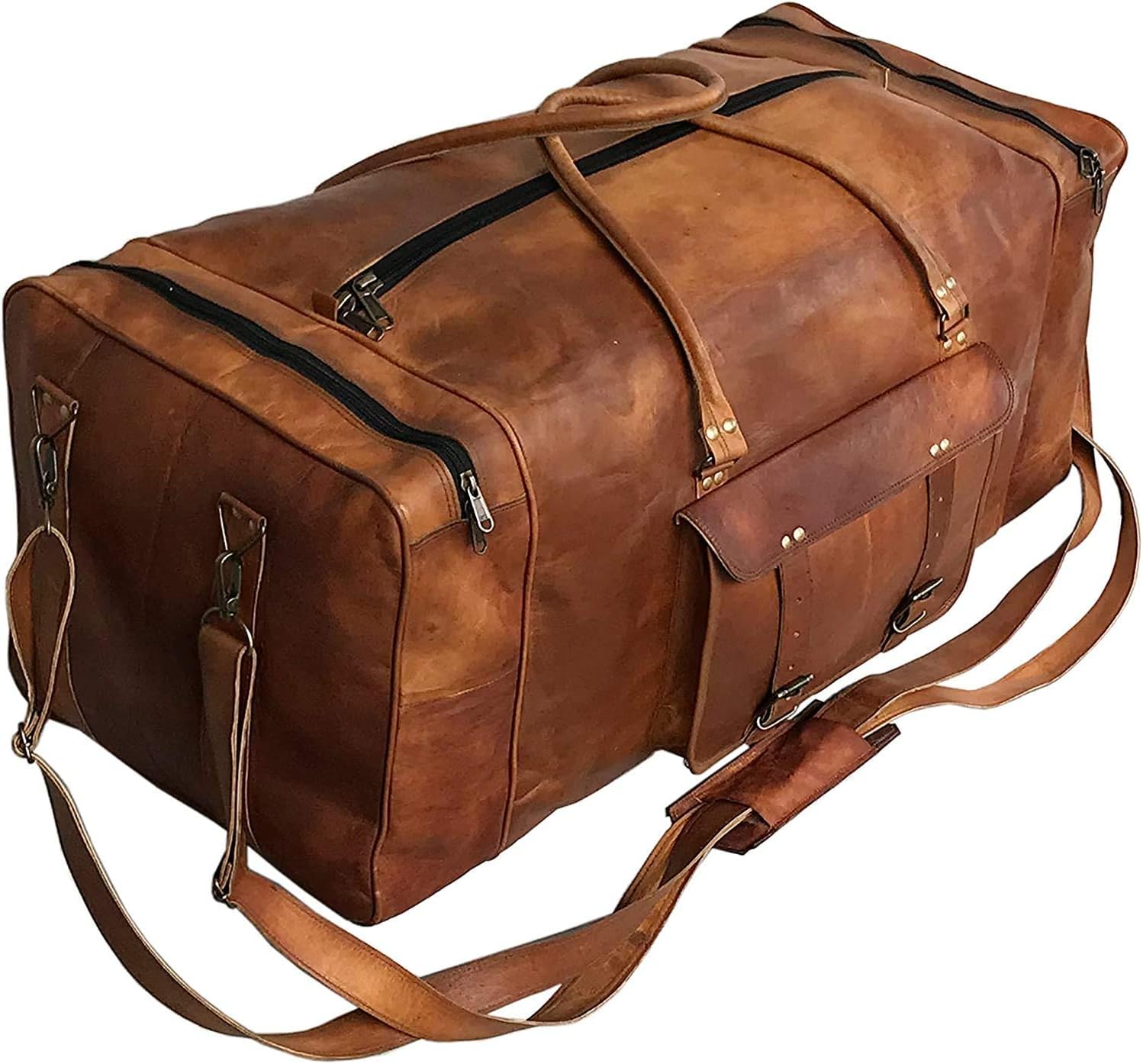 Premium 34 Inch Leather Duffle Bag for Men & Women - Handmade Large Carry On Luggage, Weekender Travel & Gym Sports Bag - Perfect for Airplane Travel, Overnight Trips & Workout Sessions