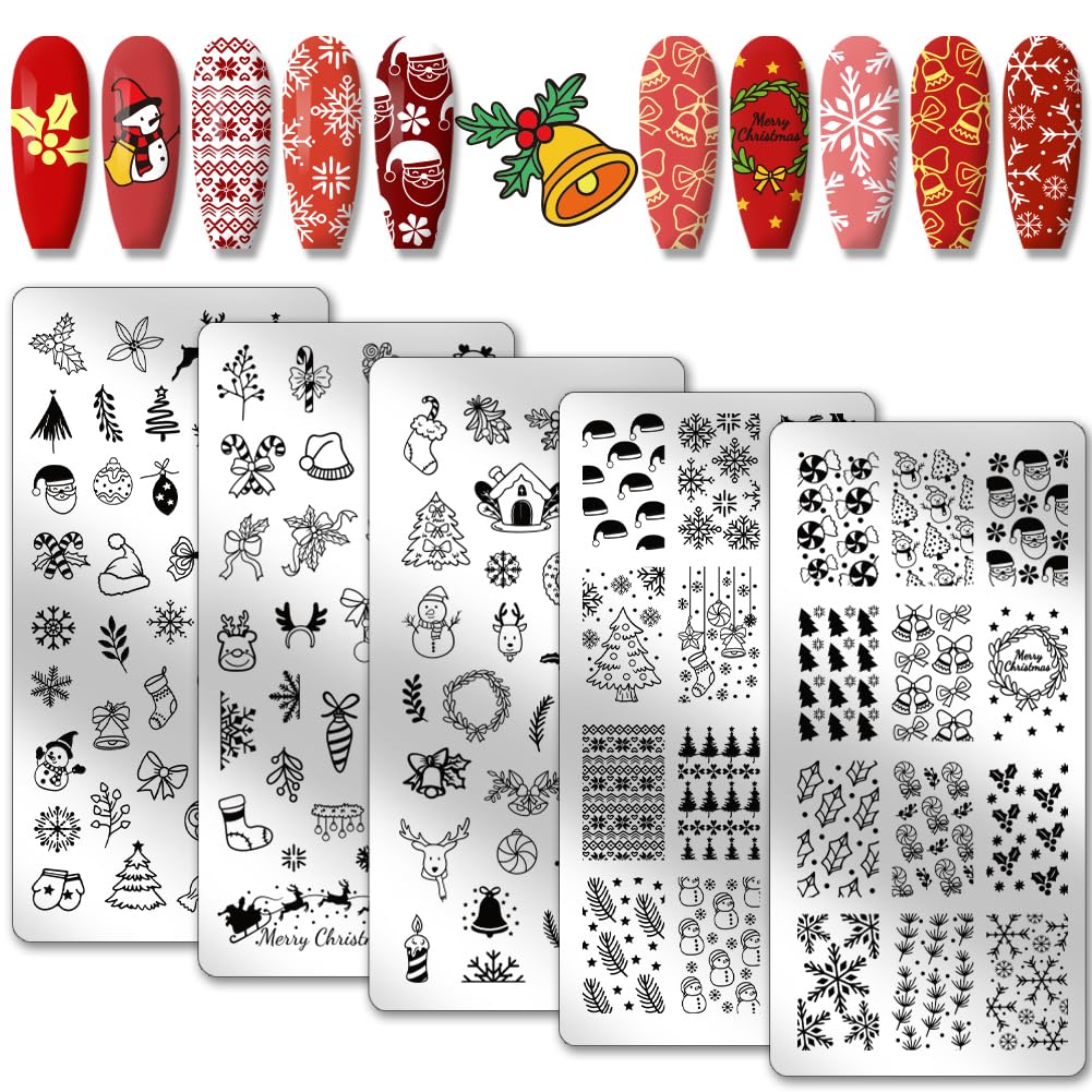 5pcs Christmas Nail Stamping Plates Set - 128 Festive Patterns (Reindeer, Snowman, Snowflake, Bell) | Stainless Steel Nail Art Stencils for Professional Manicure & Salon | Perfect for Holiday Nail Designs, DIY Christmas Gifts & Winter Party Looks