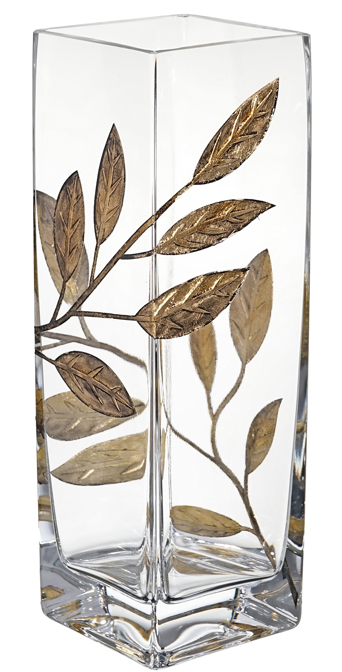 Luxury Hand Blown Glass Vase with Sandblasted Golden Leaves - Elegant Clear Square Vase 9.8 Inch (25cm) in Gold - Perfect for Home Decor, Wedding Centerpiece & Luxury Gift Box Included
