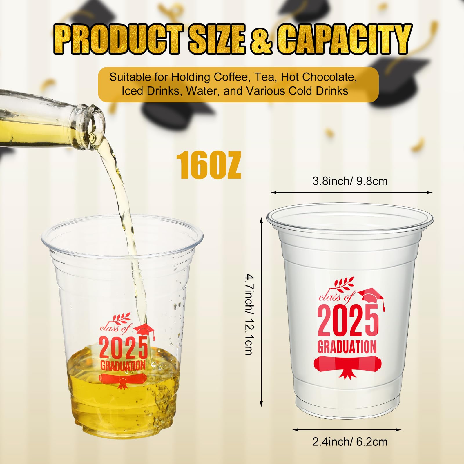 100 Pcs Class of 2025 Graduation Cups - 16 oz Disposable Plastic Party Cups for Graduation Celebrations - Clear Drinkware for Congrats Grad Party Supplies - Perfect for Graduation Ceremonies, After-Party Events & School Celebrations (Red)